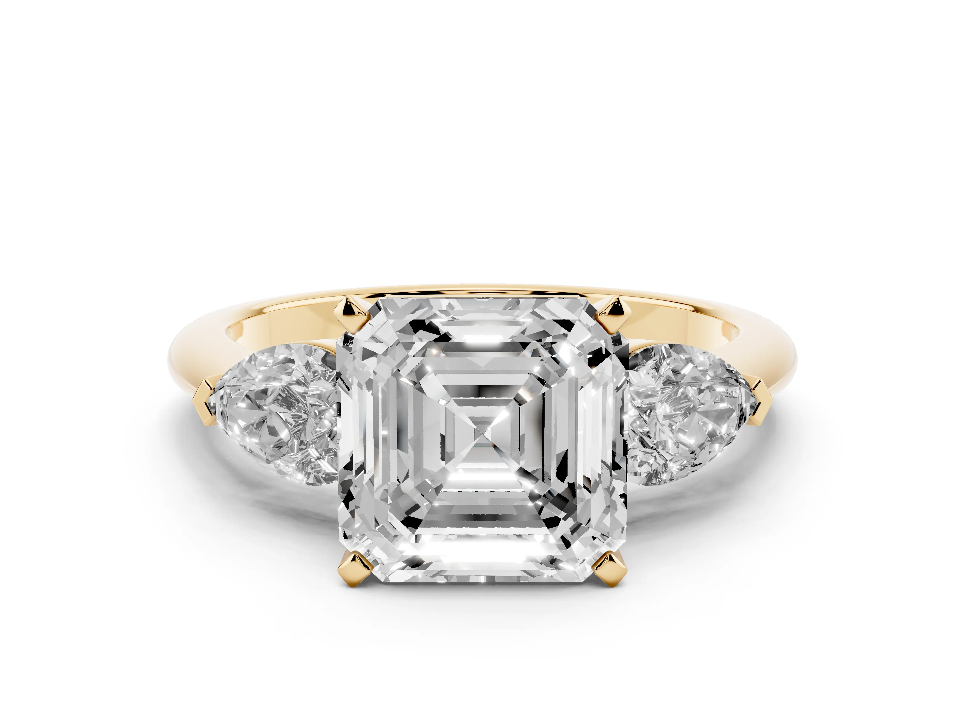 Three-Stone Asscher Cut Diamond Ring Set in Yellow gold with Pear Side Stones and Prong Setting