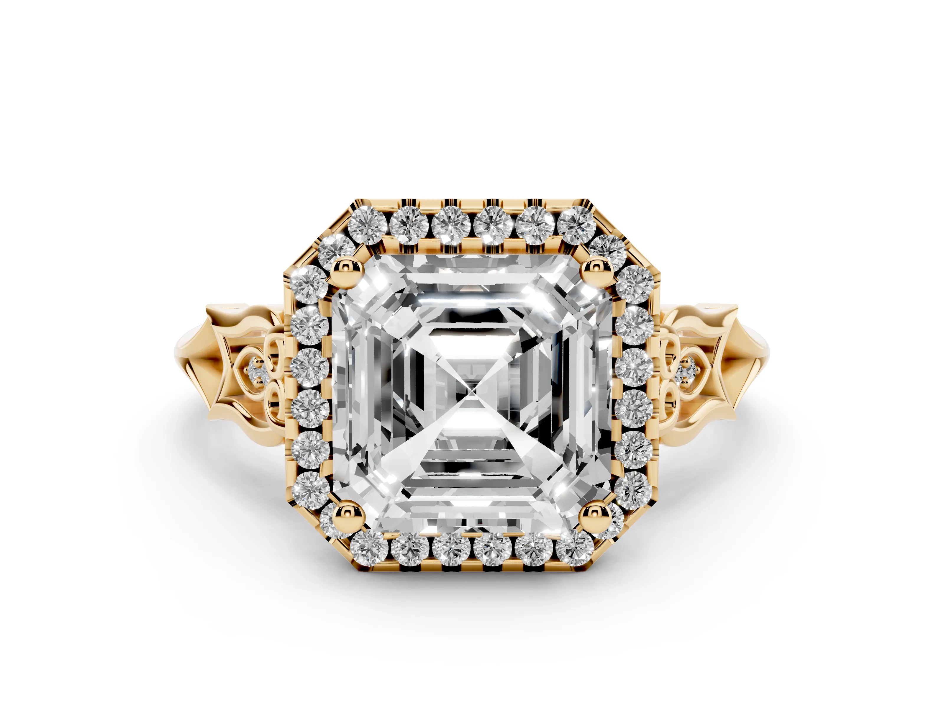Asscher Cut Diamond Halo Engagement Ring Set in Yellow gold with Filigree Band and Prong-Set Center