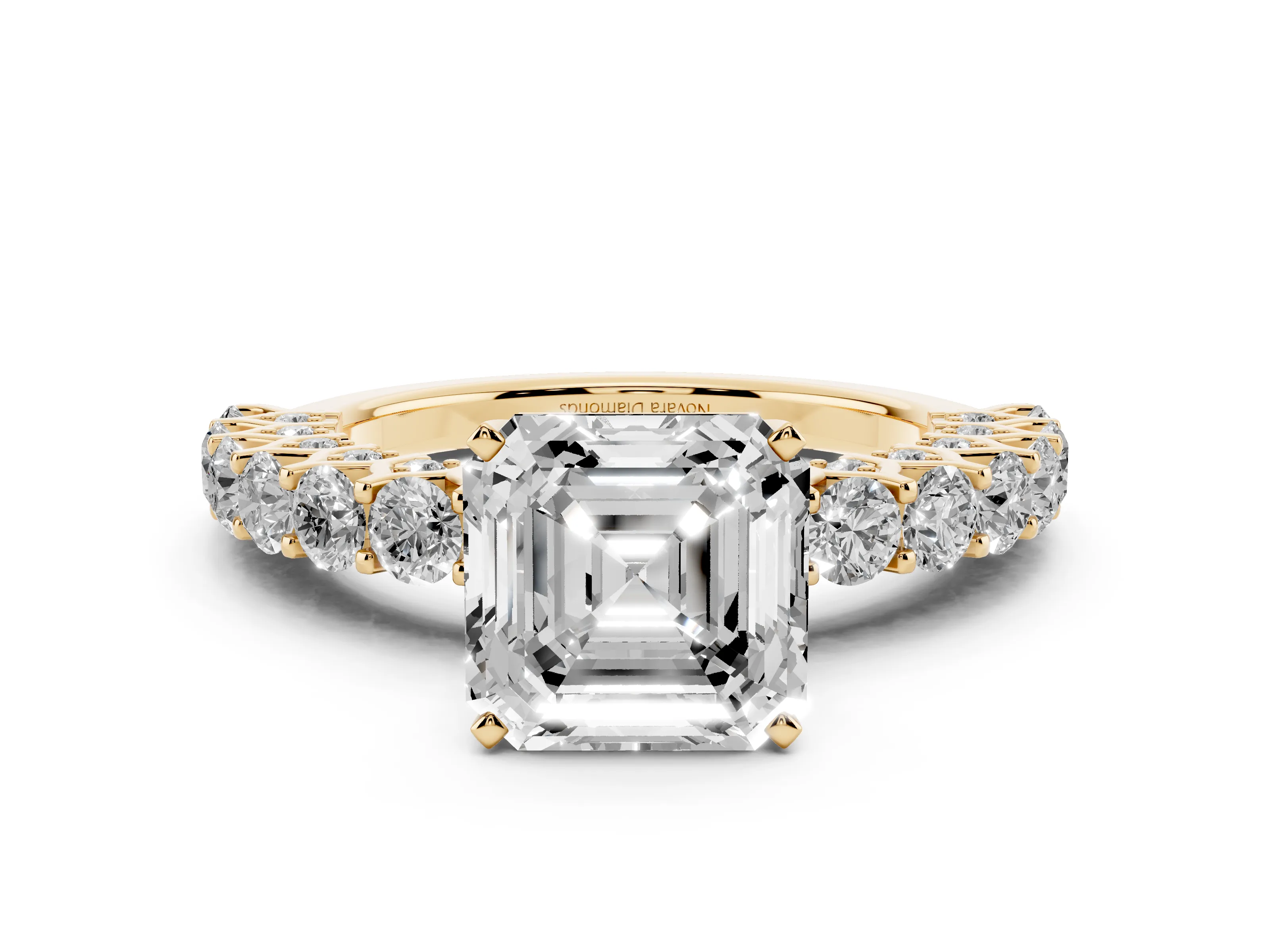 Asscher Cut Diamond Solitaire Ring Set in Yellow gold with Shared Prong Pavé Band