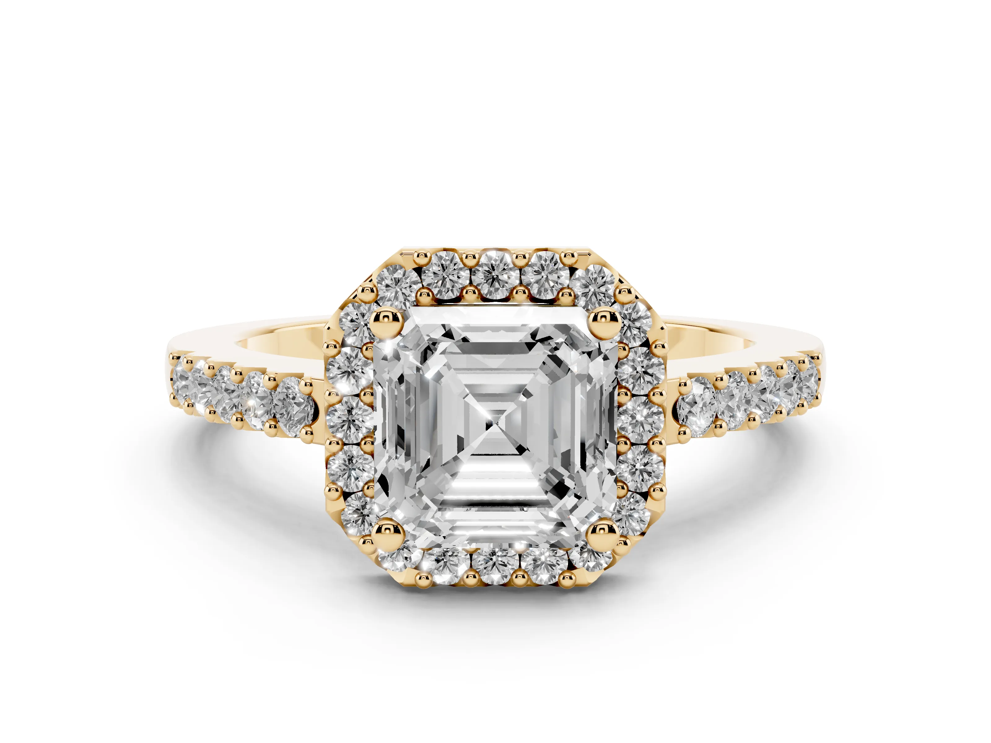 Asscher Cut Diamond Halo Pavé Solitaire Ring Set in Yellow gold with Prong-Set Center Stone