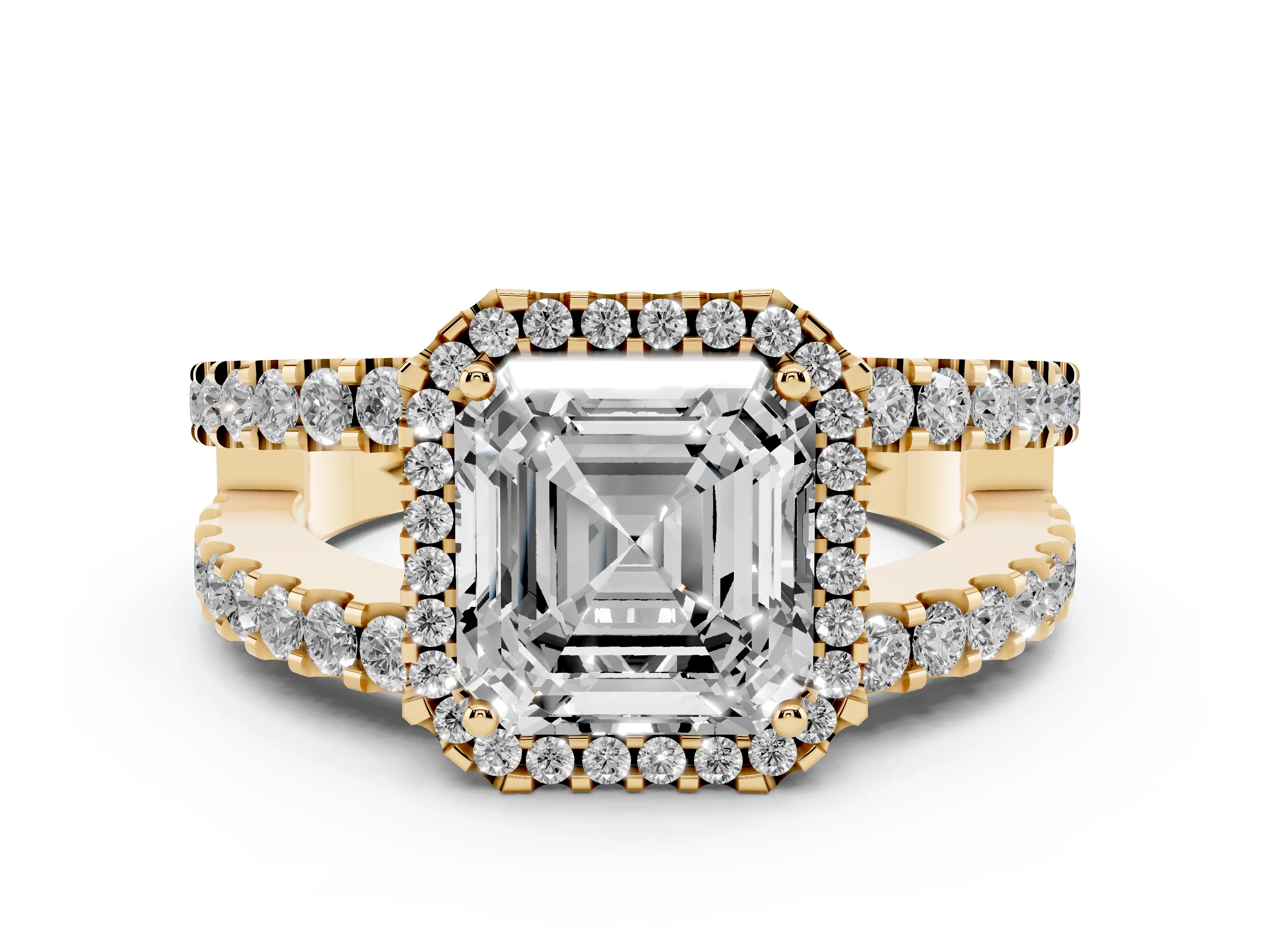 Asscher Cut Diamond Halo Ring Set in Yellow gold with Pavé Split Shank and Prong Setting