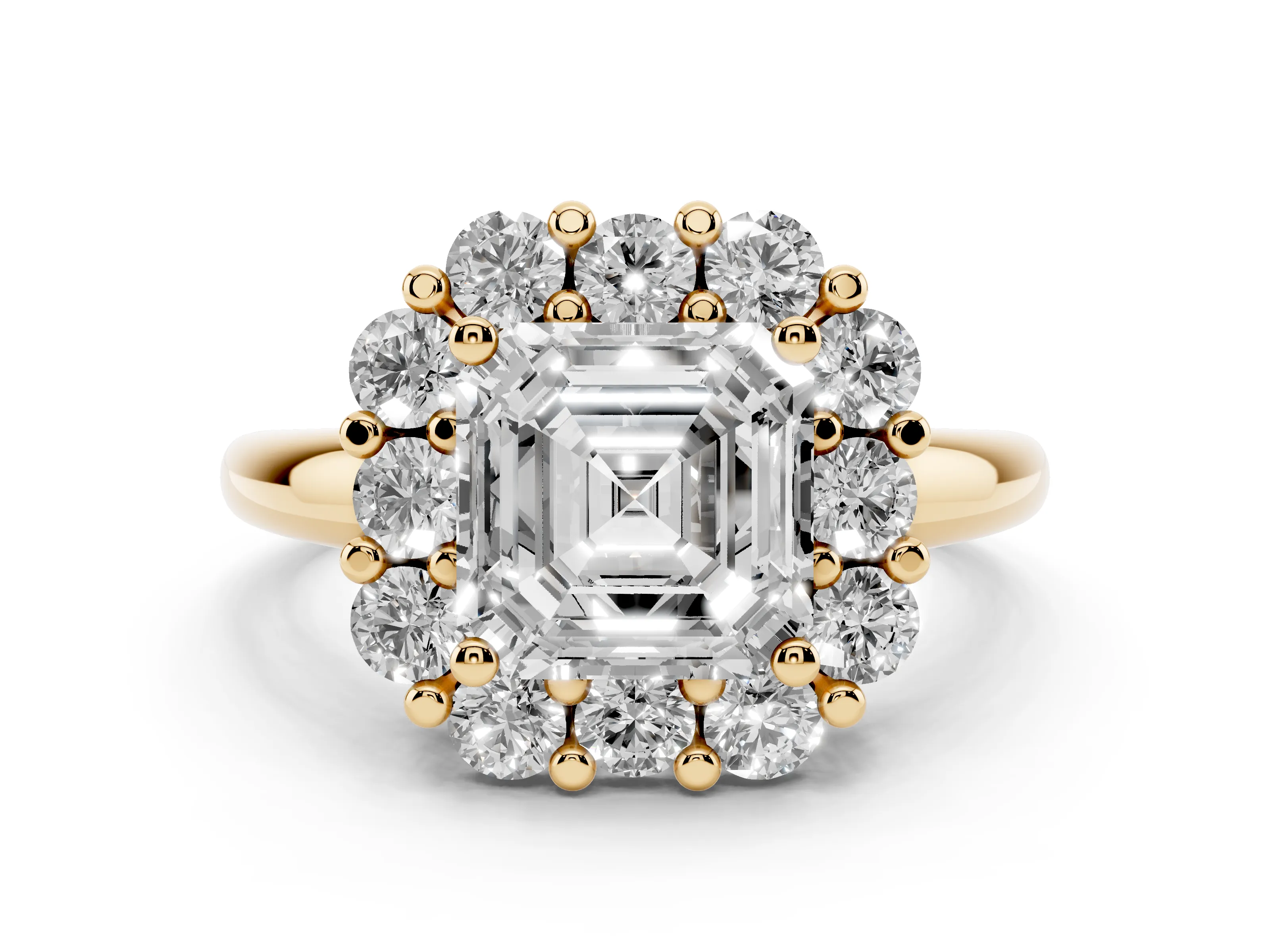 Asscher Cut Diamond Halo Cluster Engagement Ring Set in Yellow gold with Polished Band and Prong Setting