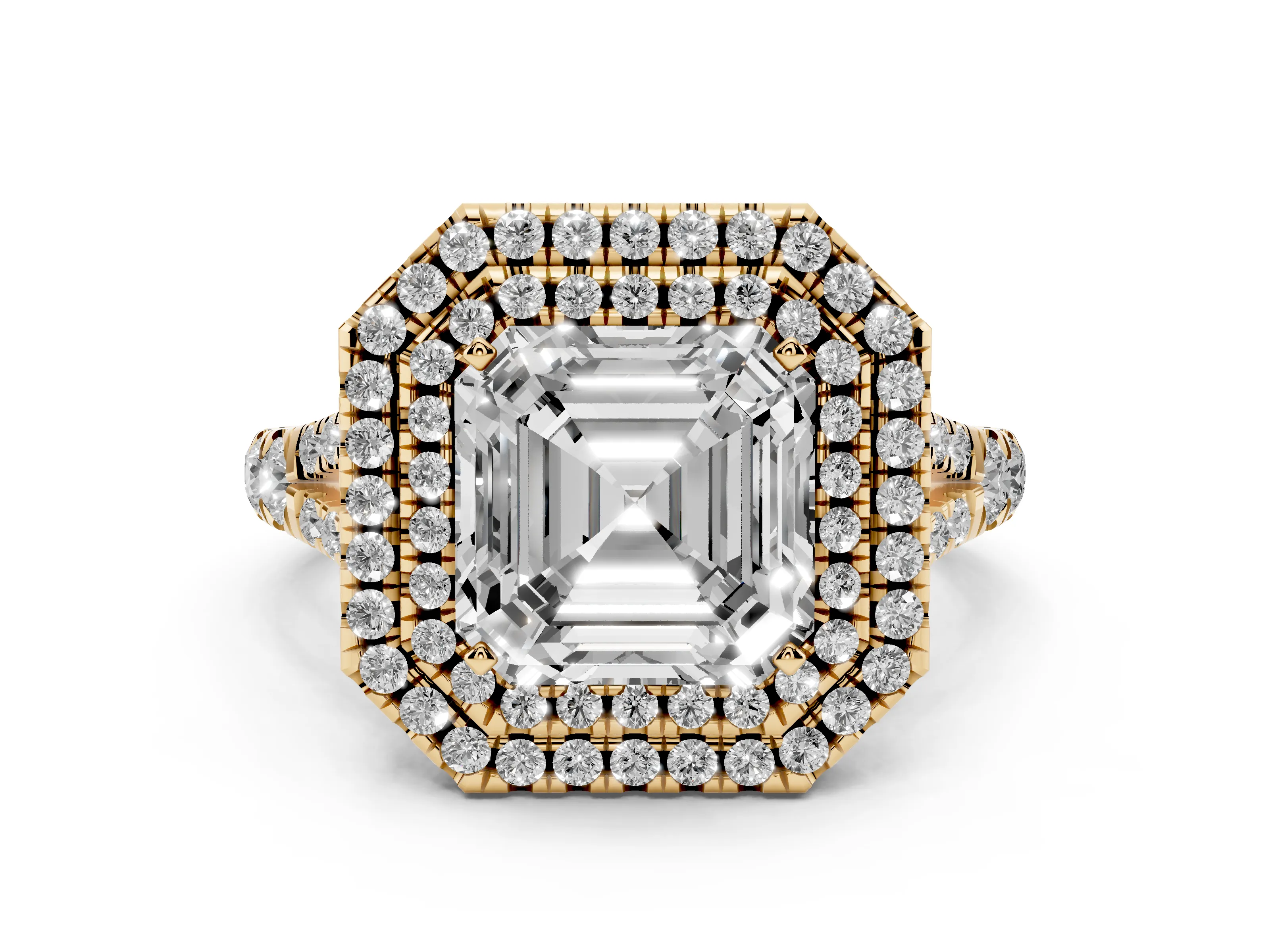 Asscher Cut Diamond Pavé Split Shank Double Halo Engagement Ring Set in Yellow gold