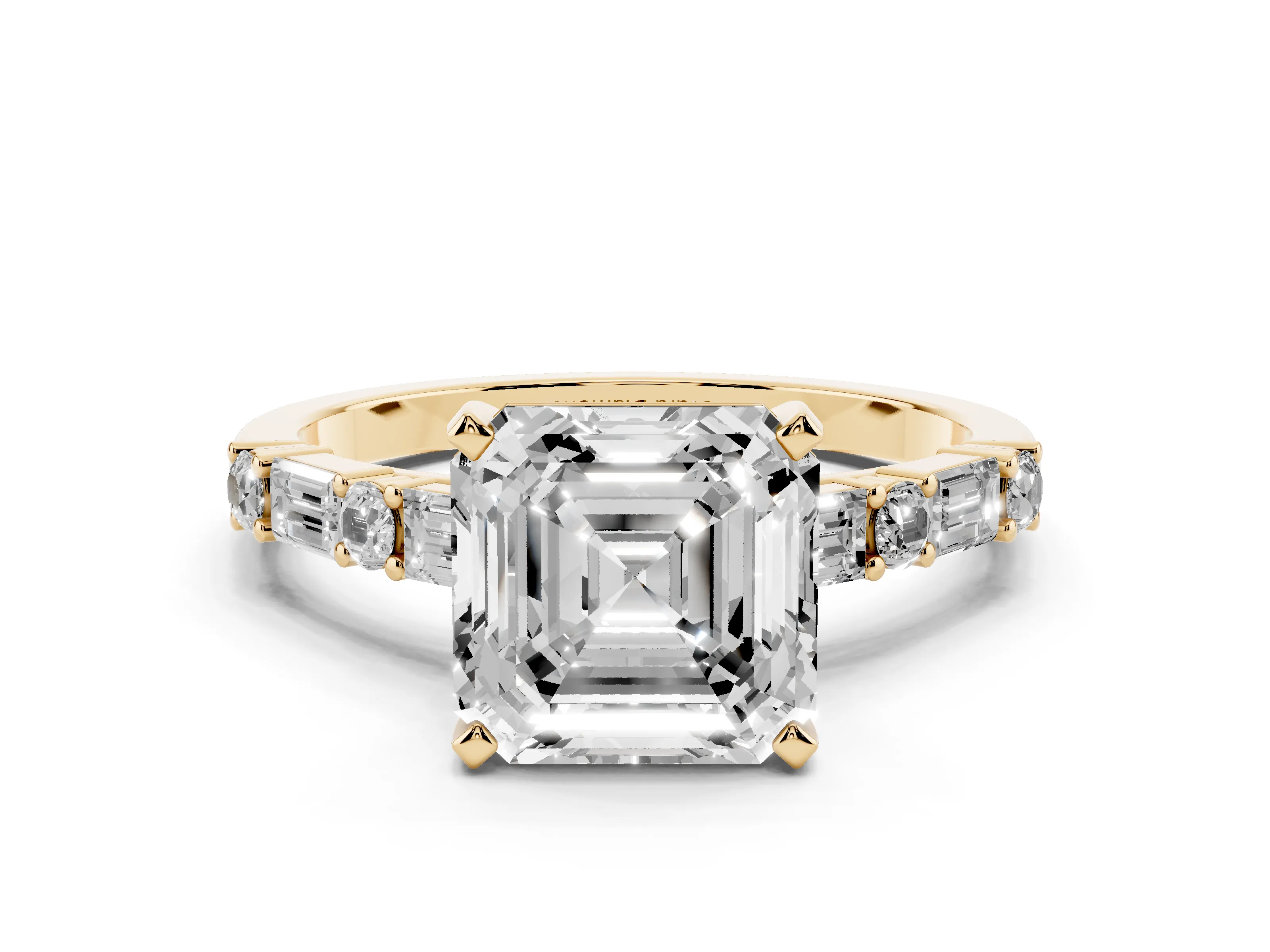 Asscher Cut Diamond Solitaire Set in Yellow gold with Side Baguettes and Channel Set Band