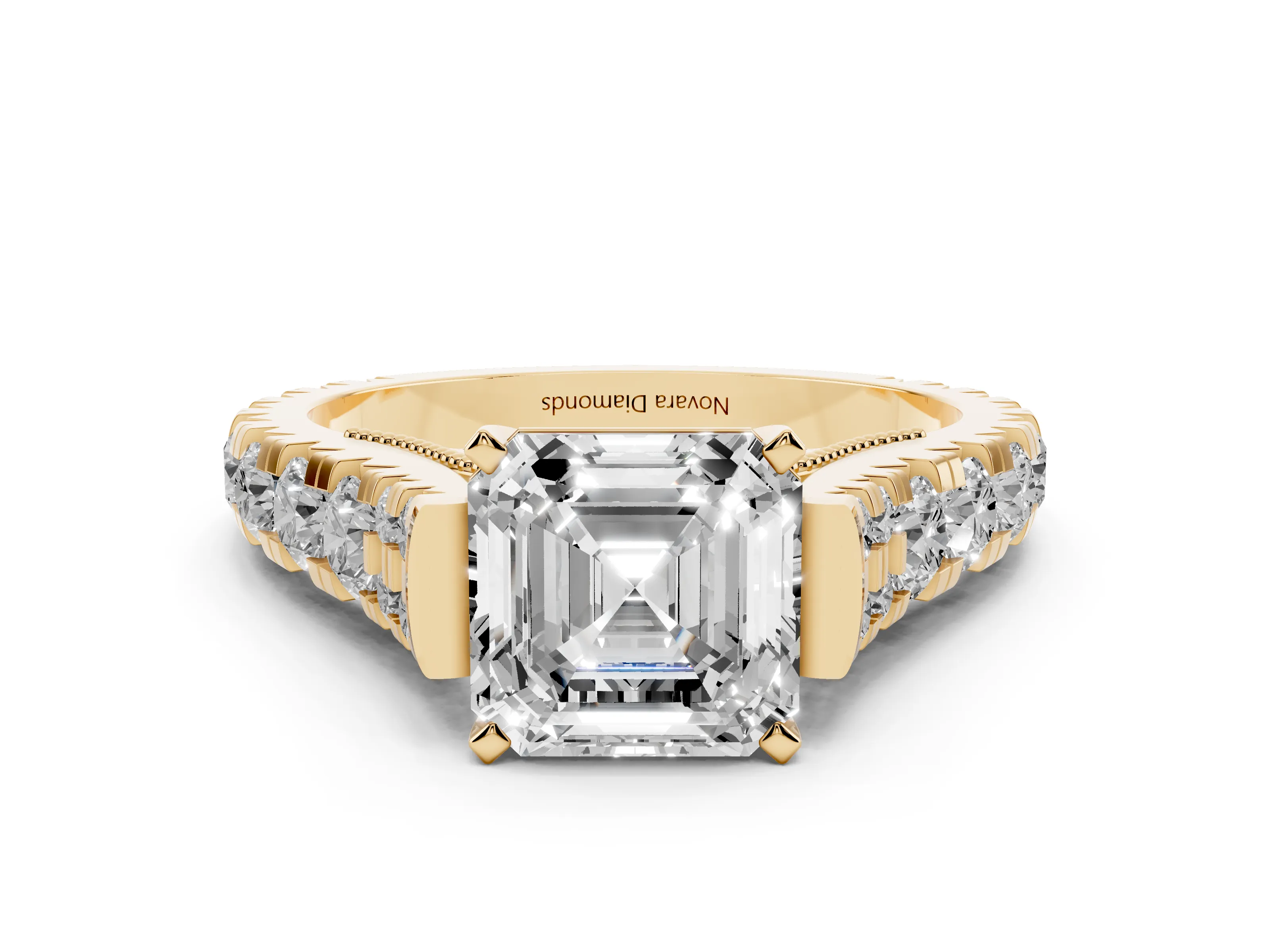 Asscher Cut Diamond Classic Solitaire Ring Set in Yellow gold with Pavé Band and Prong Setting
