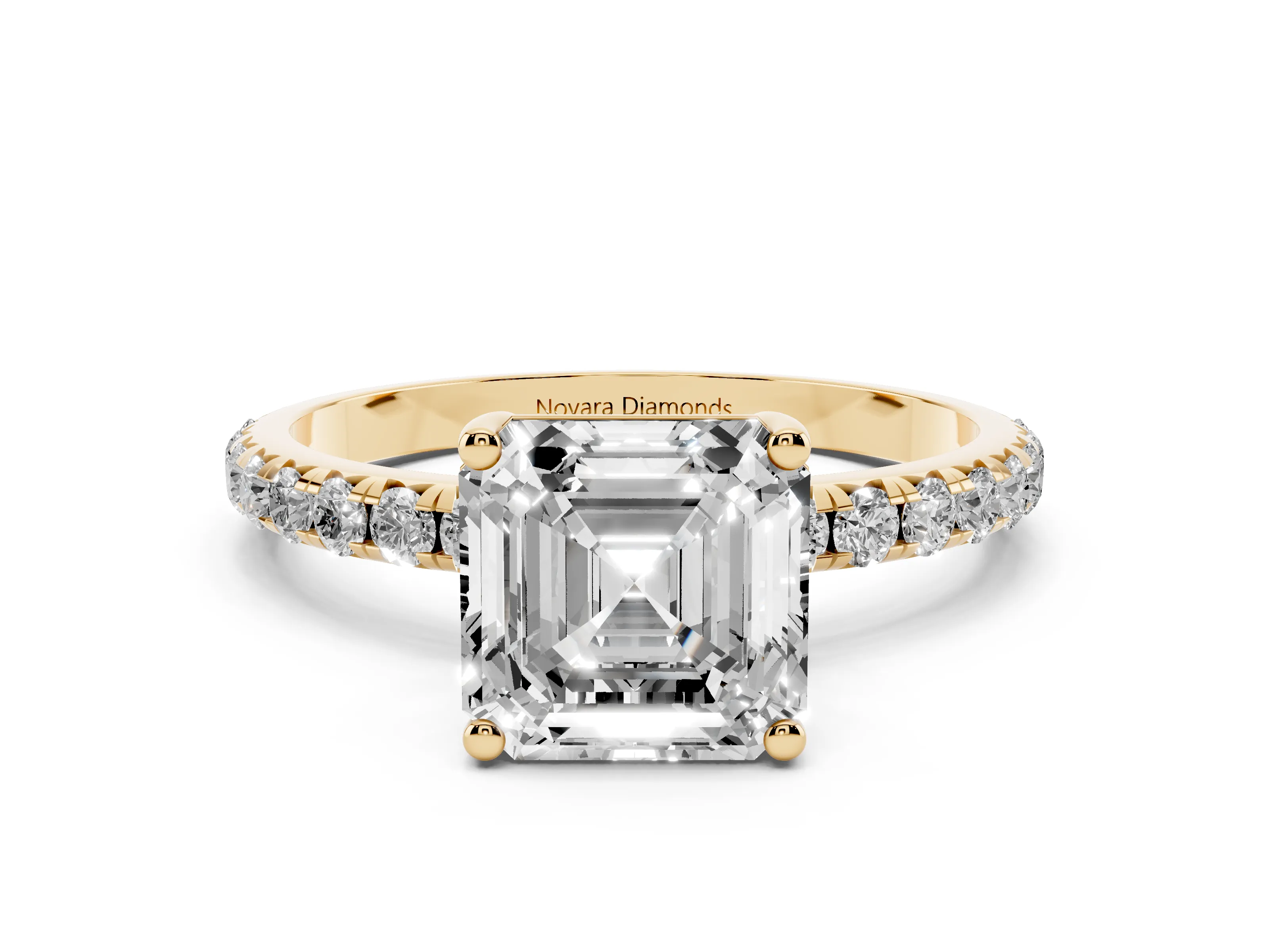 Asscher Cut Diamond Solitaire Ring Set in Yellow gold with Micro Pavé Band and Prong Setting