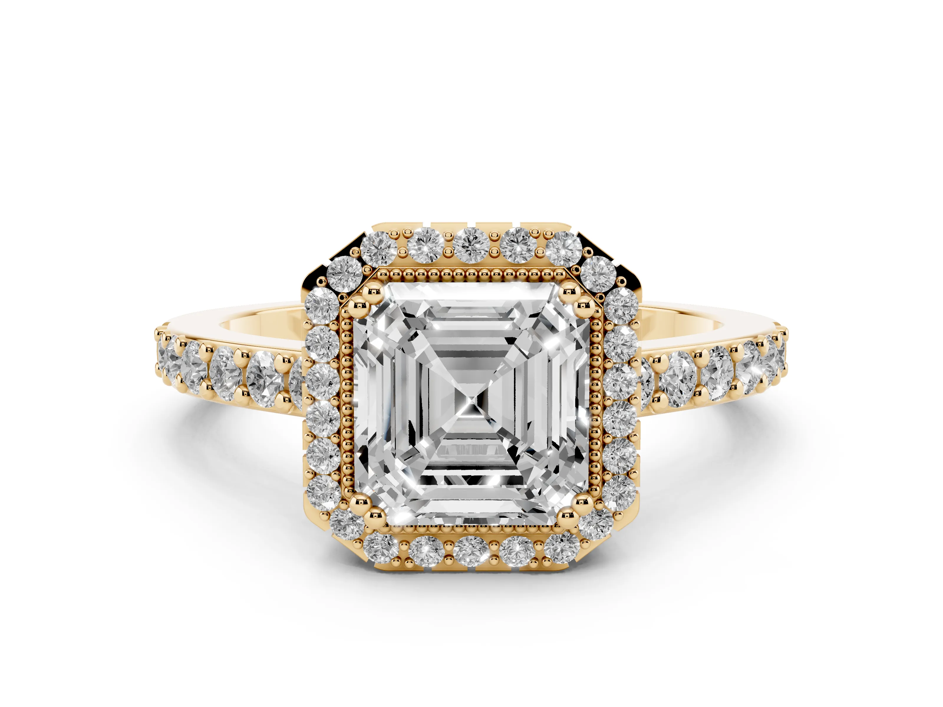 Asscher Cut Diamond Halo Engagement Ring Set in Yellow gold with Milgrain Detail and Pavé Band