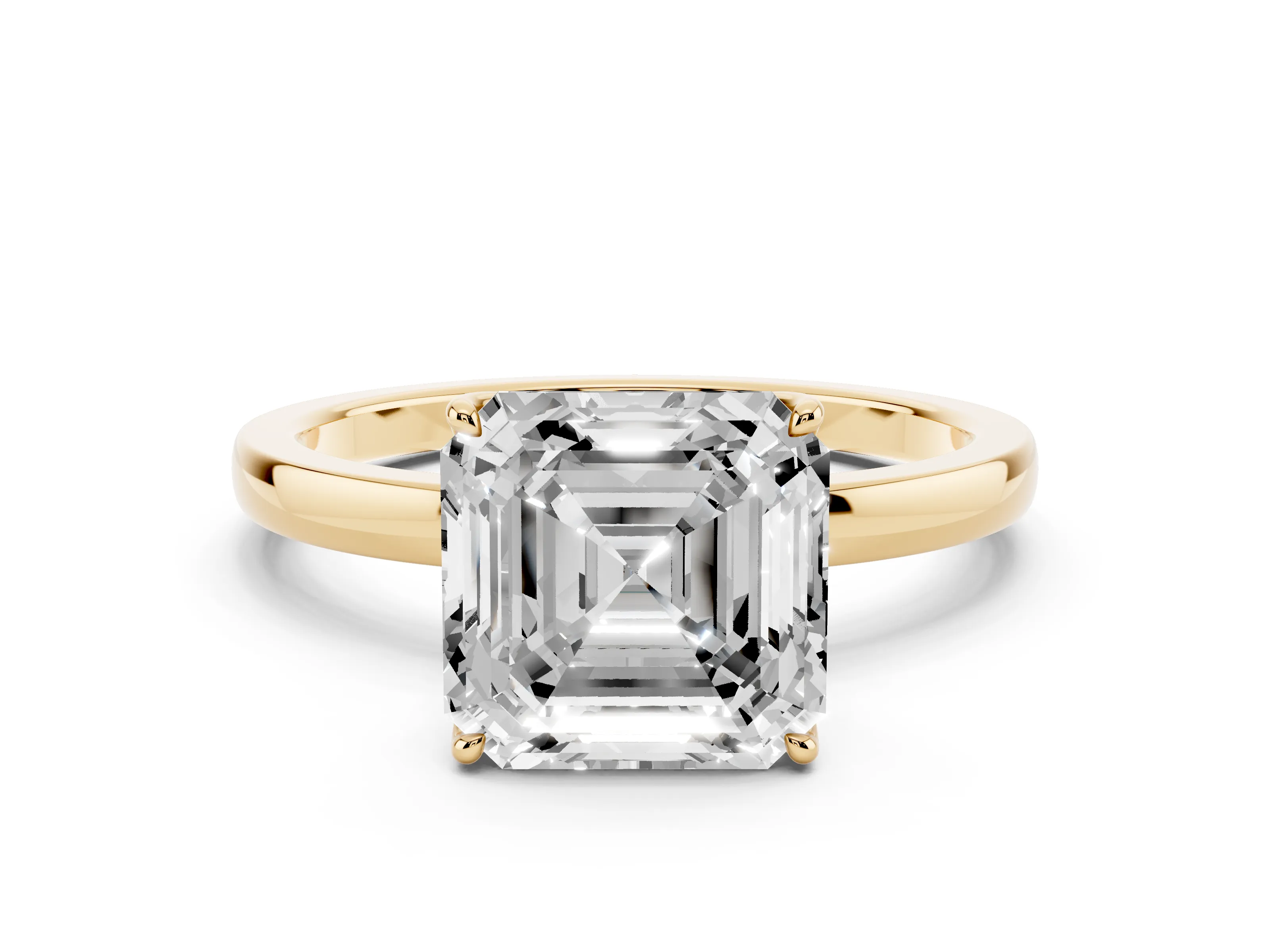Asscher Cut Diamond Solitaire Ring Set in Yellow gold with Prong Setting and Thin Polished Band