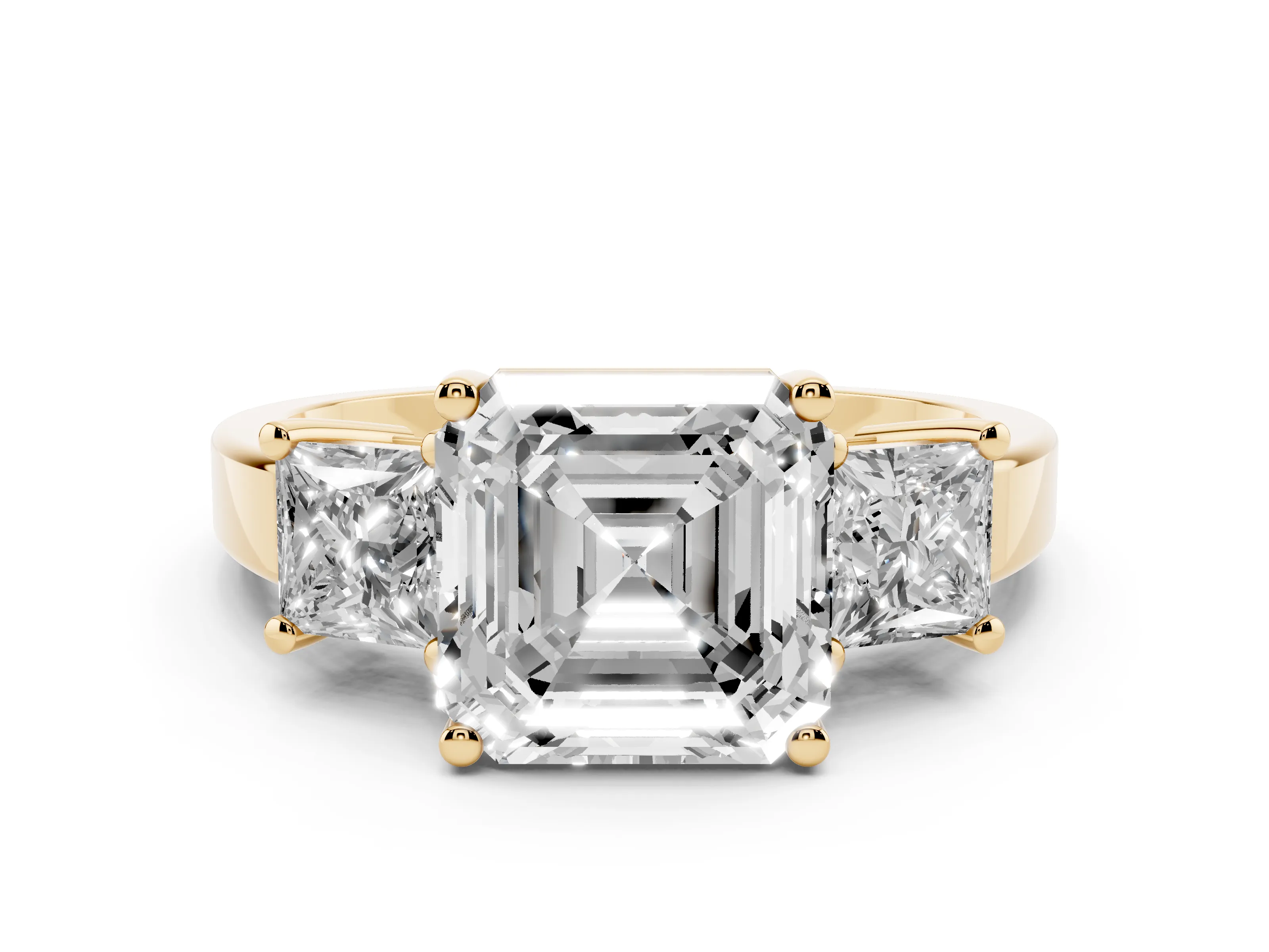 Three-Stone Asscher Cut Diamond Solitaire Ring Set in Yellow gold with Prong Setting