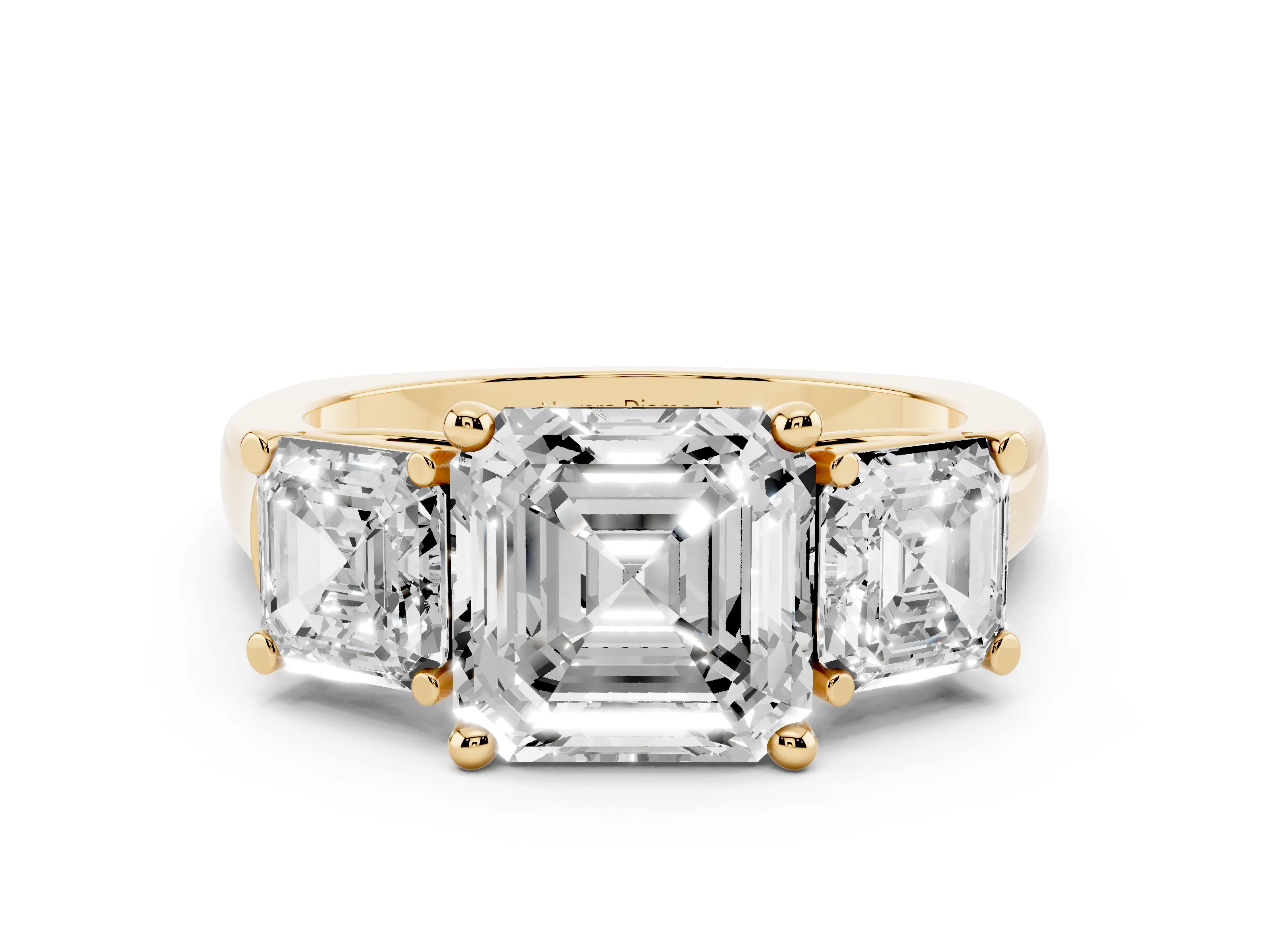 Asscher Cut Diamond Three-Stone Trellis Ring Set in Yellow gold with Comfort Fit Band