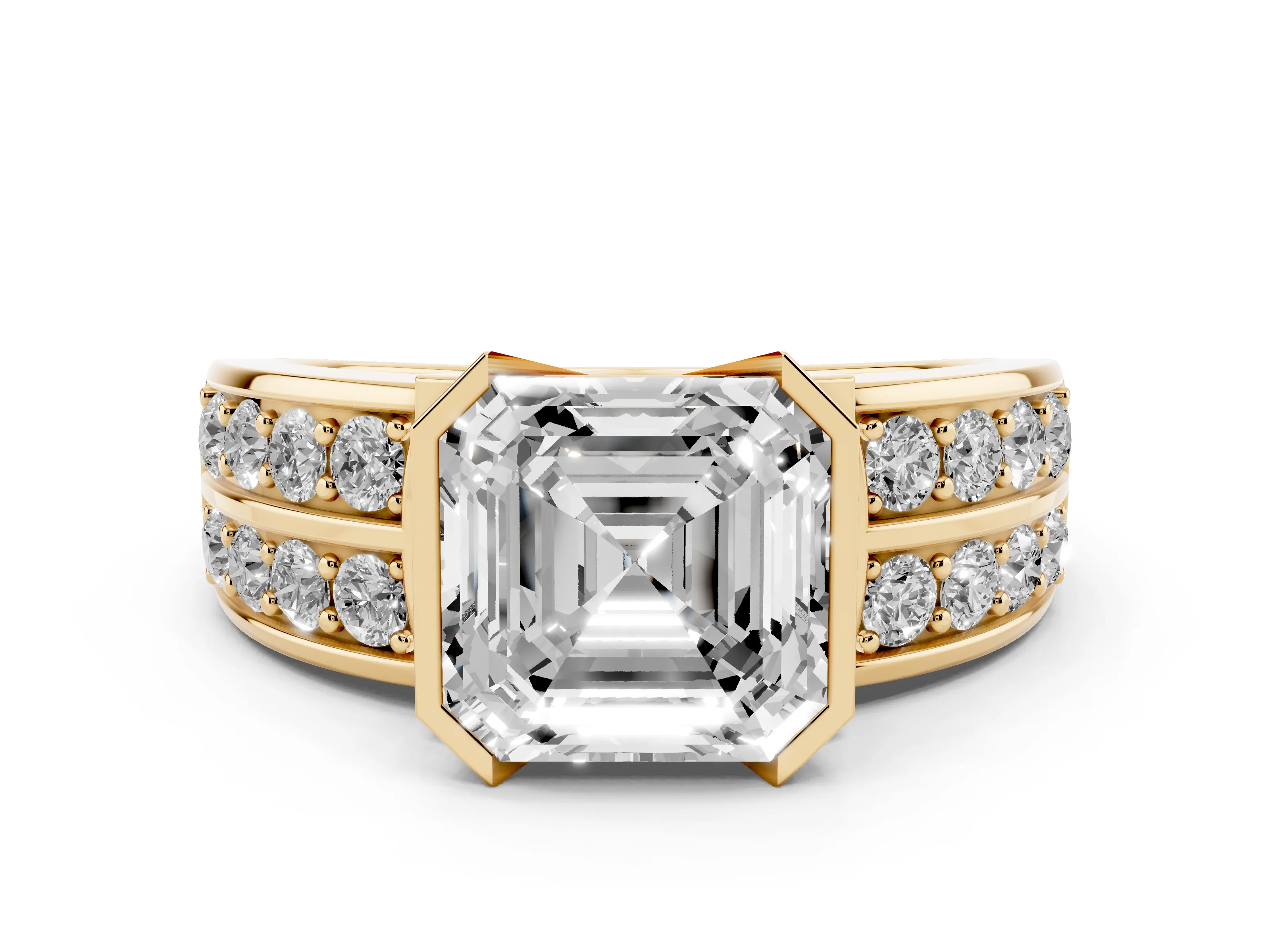 Asscher Cut Diamond Wide Channel Set Band Ring Set in Yellow gold with Bezel Setting