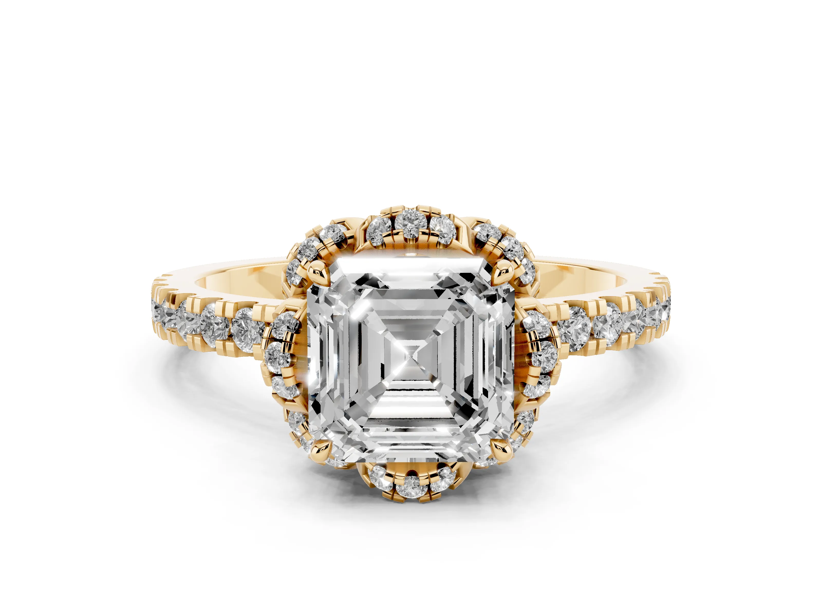 Asscher Cut Diamond Halo Pavé Ring Set in Yellow gold with Prong-Held Center Stone