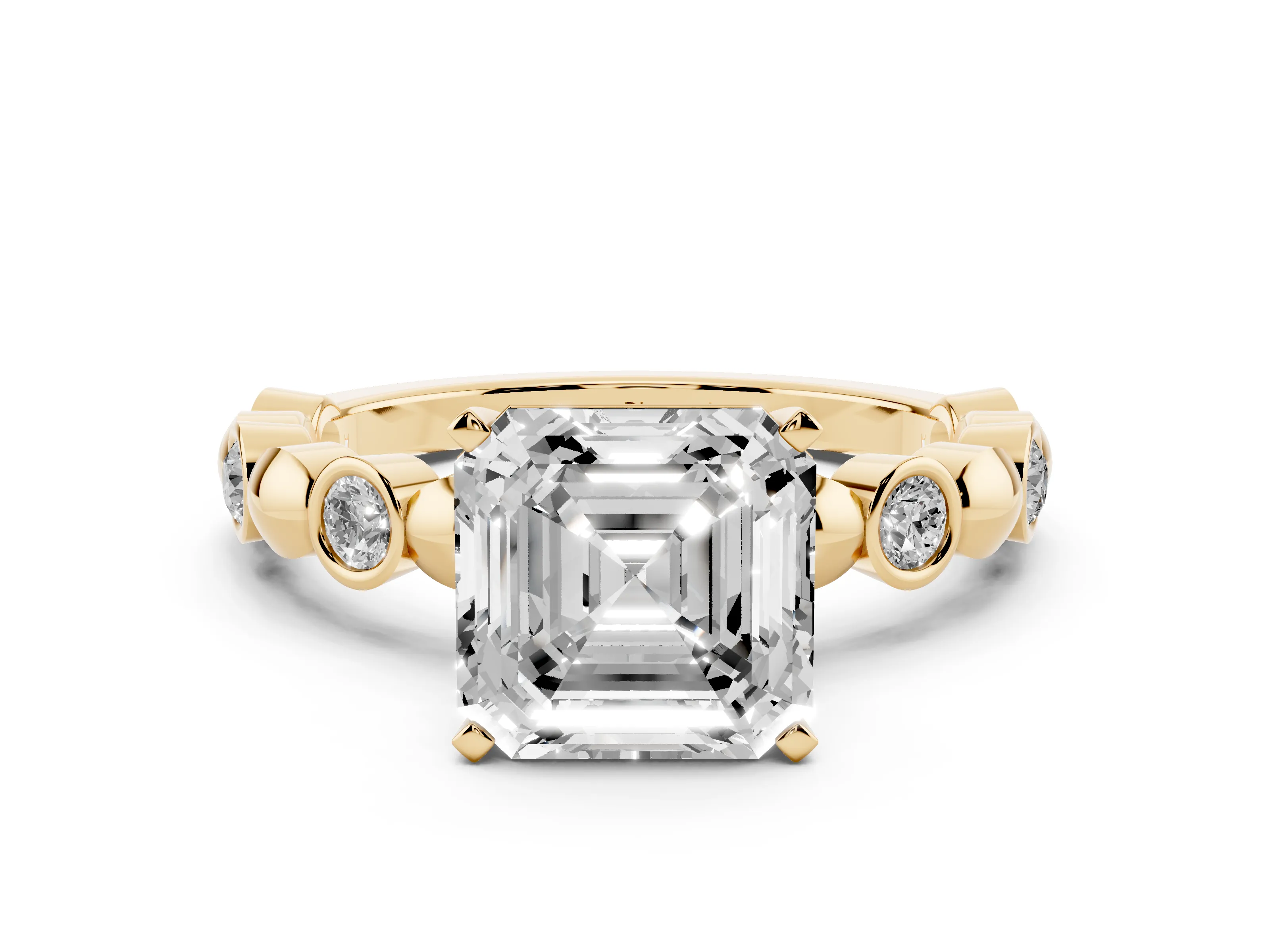 Asscher Cut Diamond Solitaire Ring Set in Yellow gold with Bezel-Set Accents on Beaded Band and Prong Setting