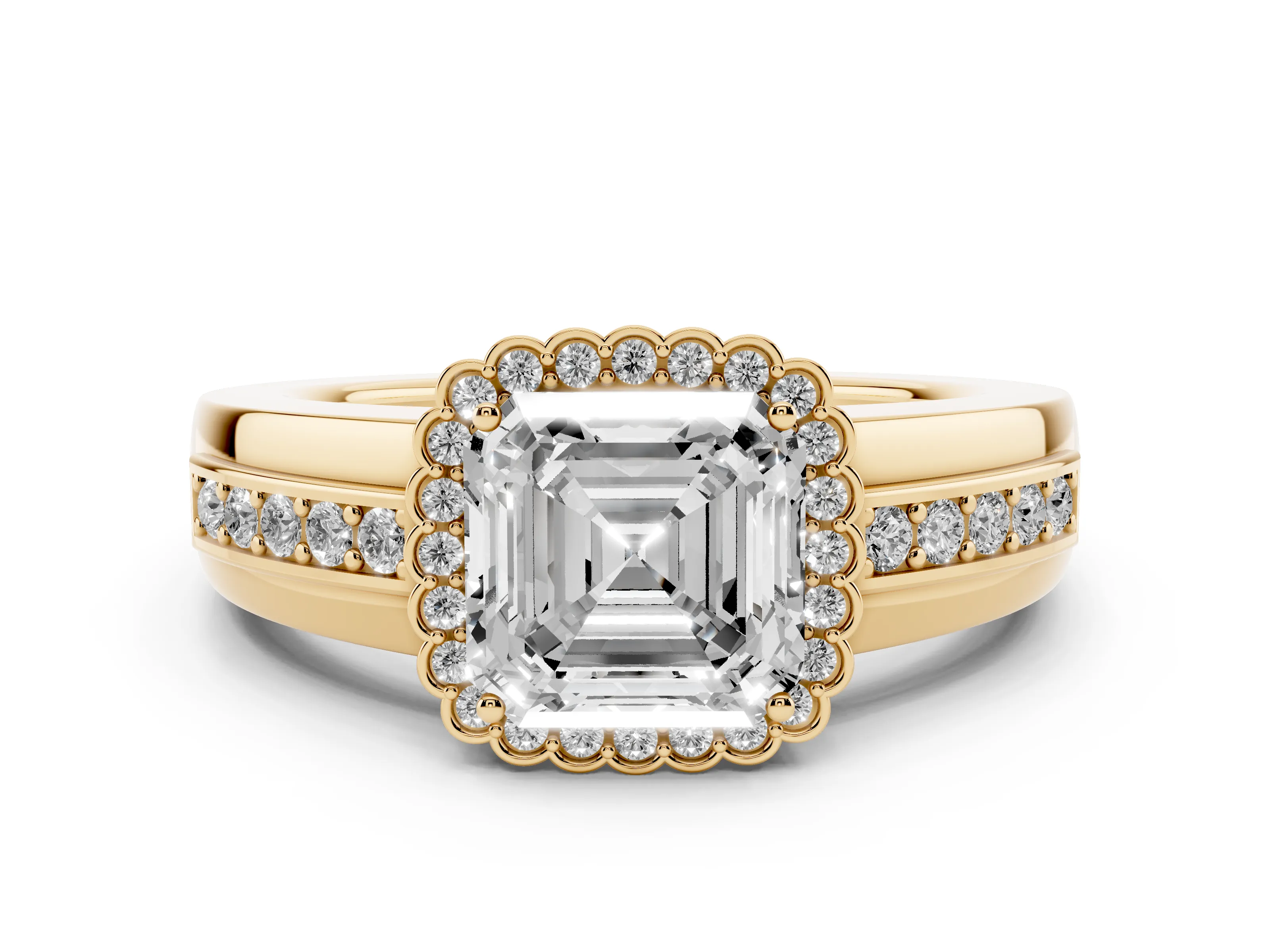 Asscher Cut Diamond Halo Prong Ring Set in Yellow gold with Pavé Band