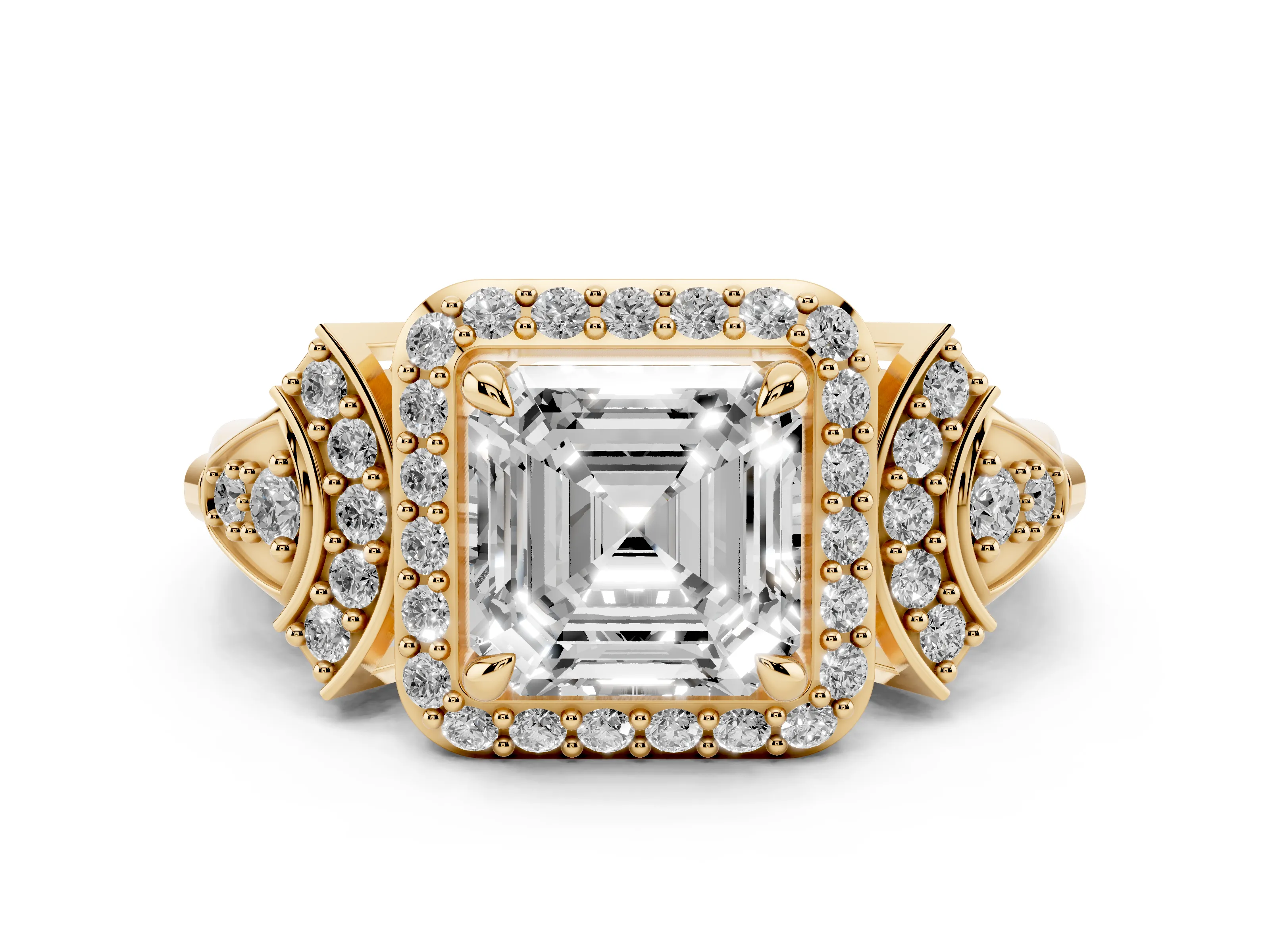 Asscher Cut Diamond Halo Engagement Ring Set in Yellow gold with Accent Stone Split Shank
