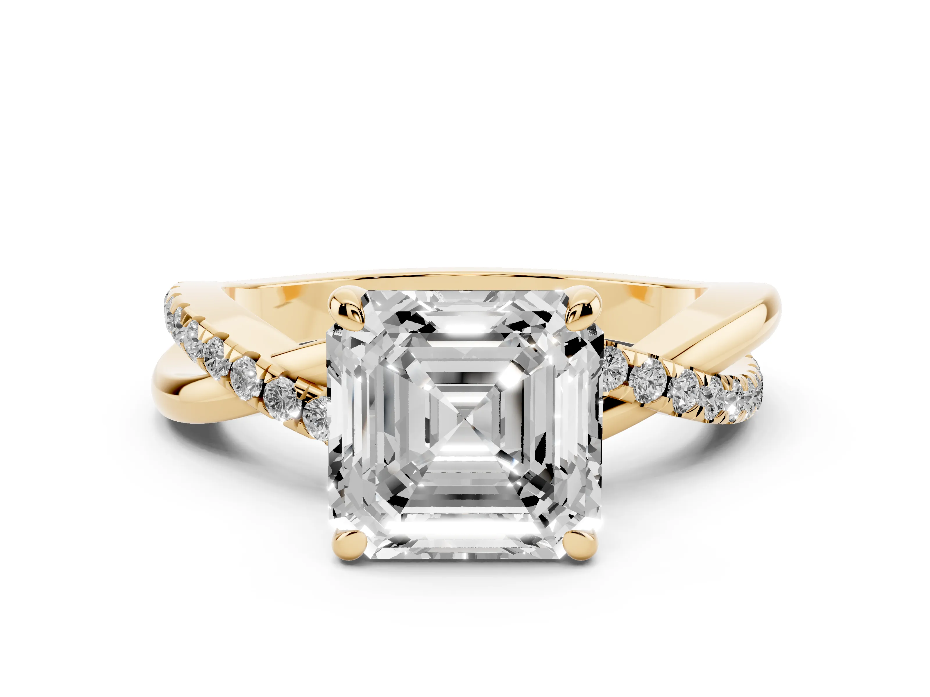 Asscher Cut Diamond Twist Band Pavé Solitaire Ring Set in Yellow gold with Prong Setting