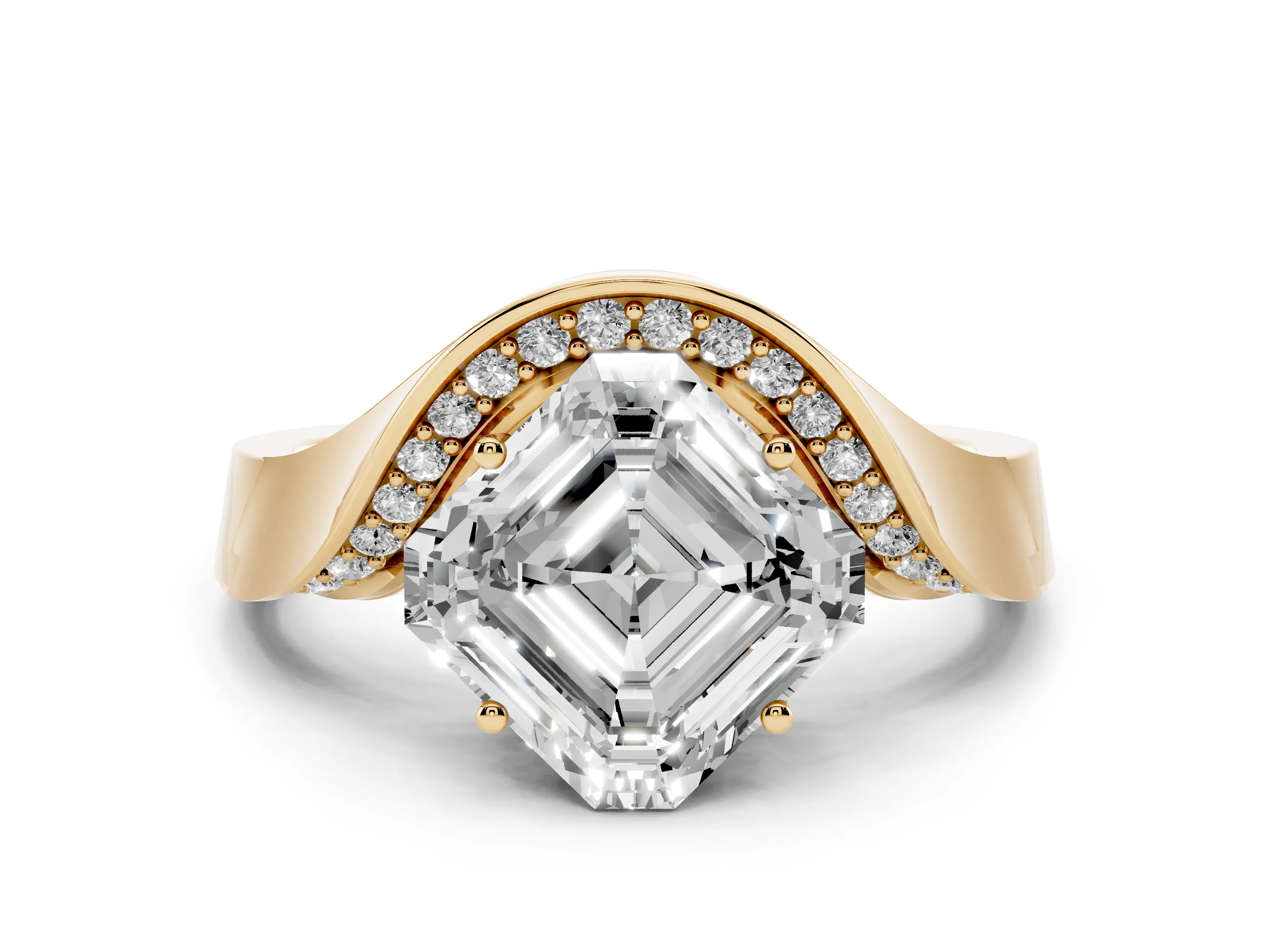 Asscher Cut Diamond Solitaire Engagement Ring Set in Yellow gold with Pavé Shoulders