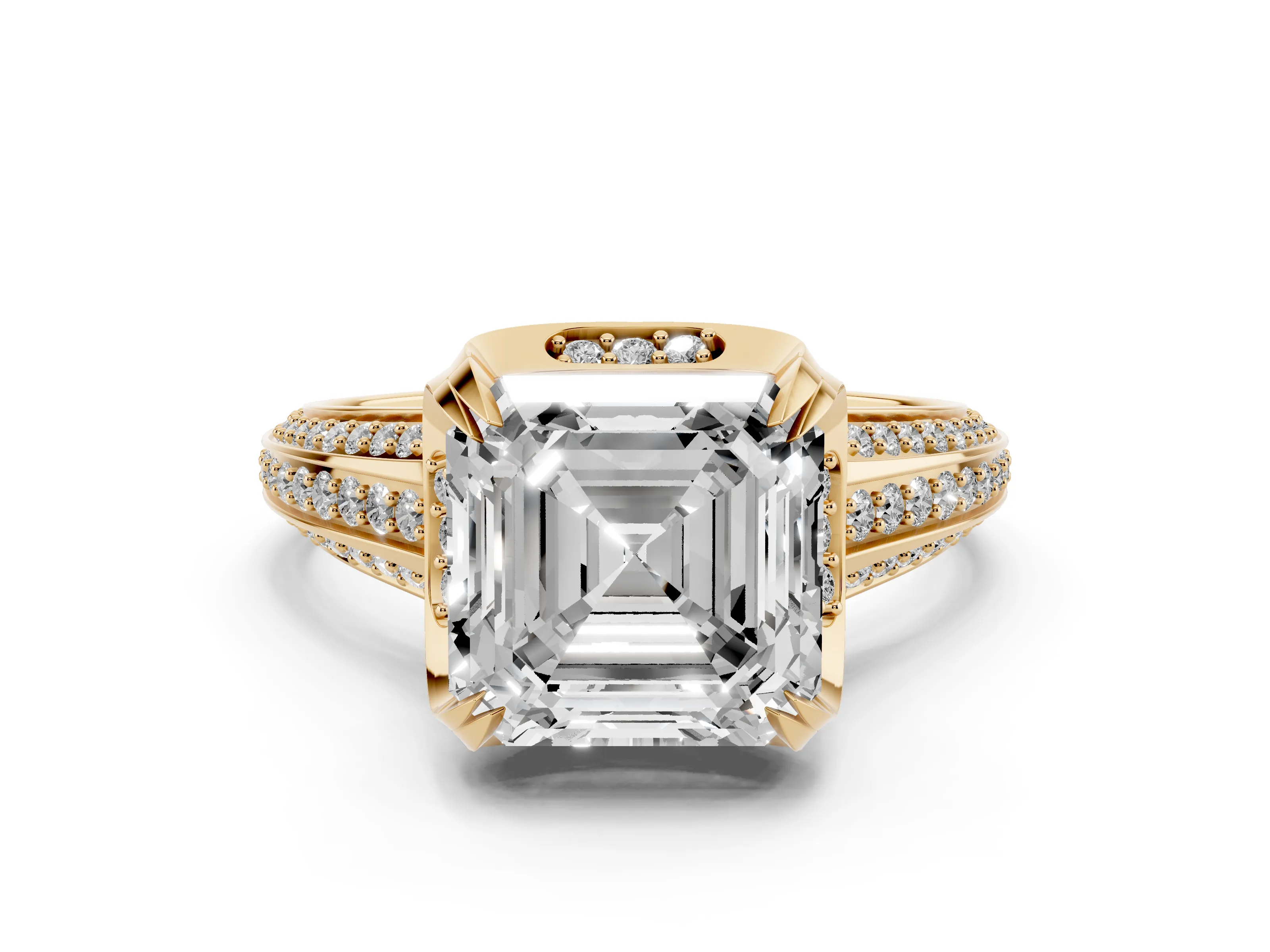 Asscher Cut Diamond Pavé Split Shank Solitaire Ring Set in Yellow gold with Prong Setting