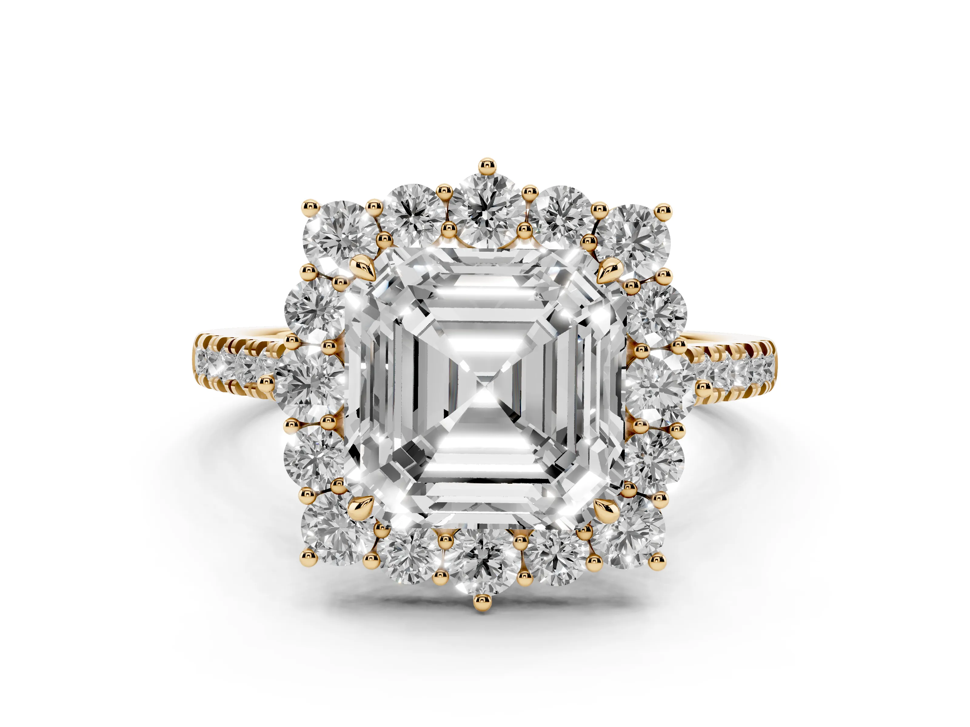 Asscher Cut Diamond Halo Ring Set in Yellow gold with Pavé Band and Prong Setting