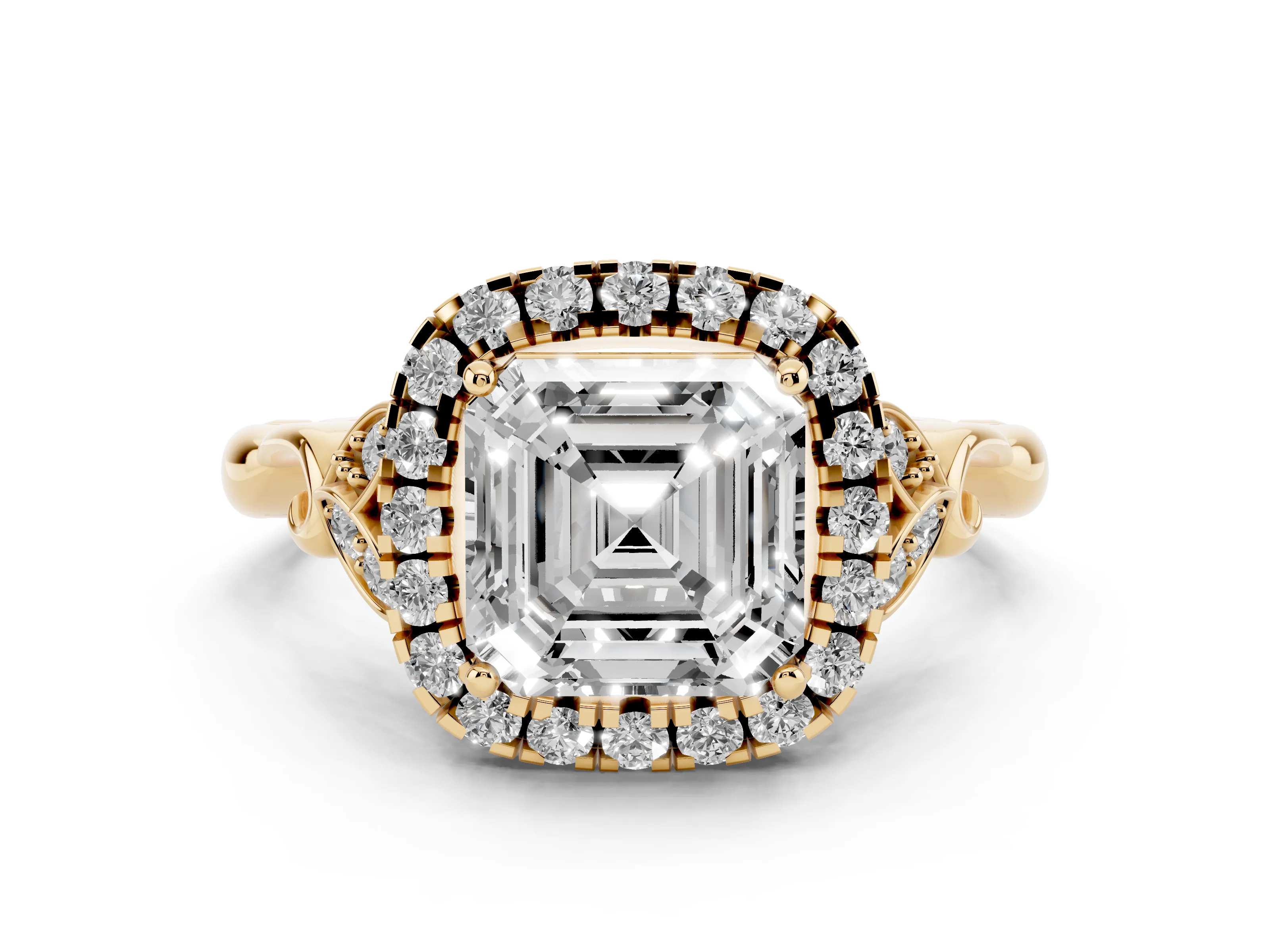 Asscher Cut Diamond Halo Engagement Ring Set in Yellow gold with Vintage-Inspired Band and Prong Setting