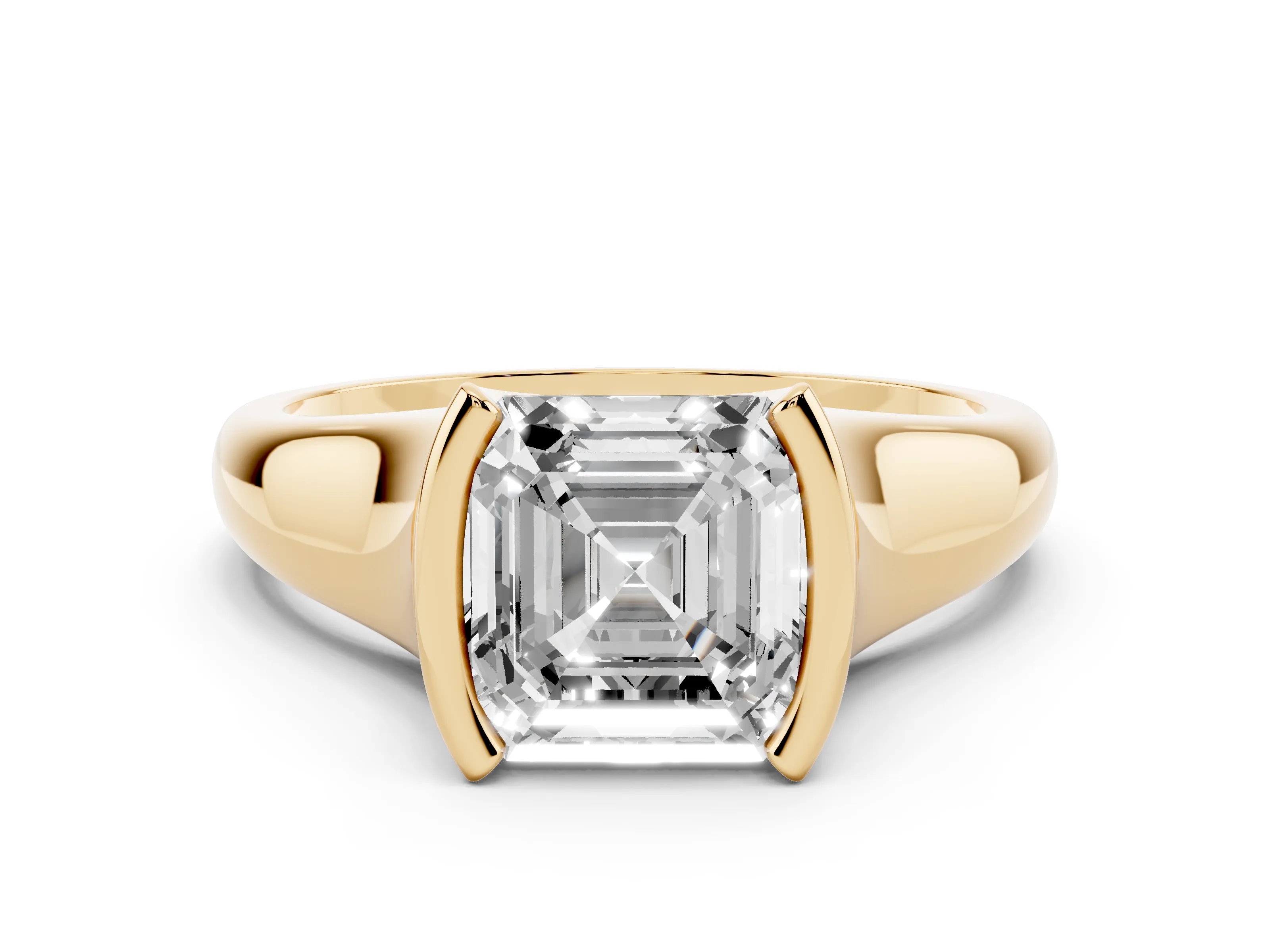 Asscher Cut Diamond Solitaire Tension Set Ring Set in Yellow gold with Split Shank Band
