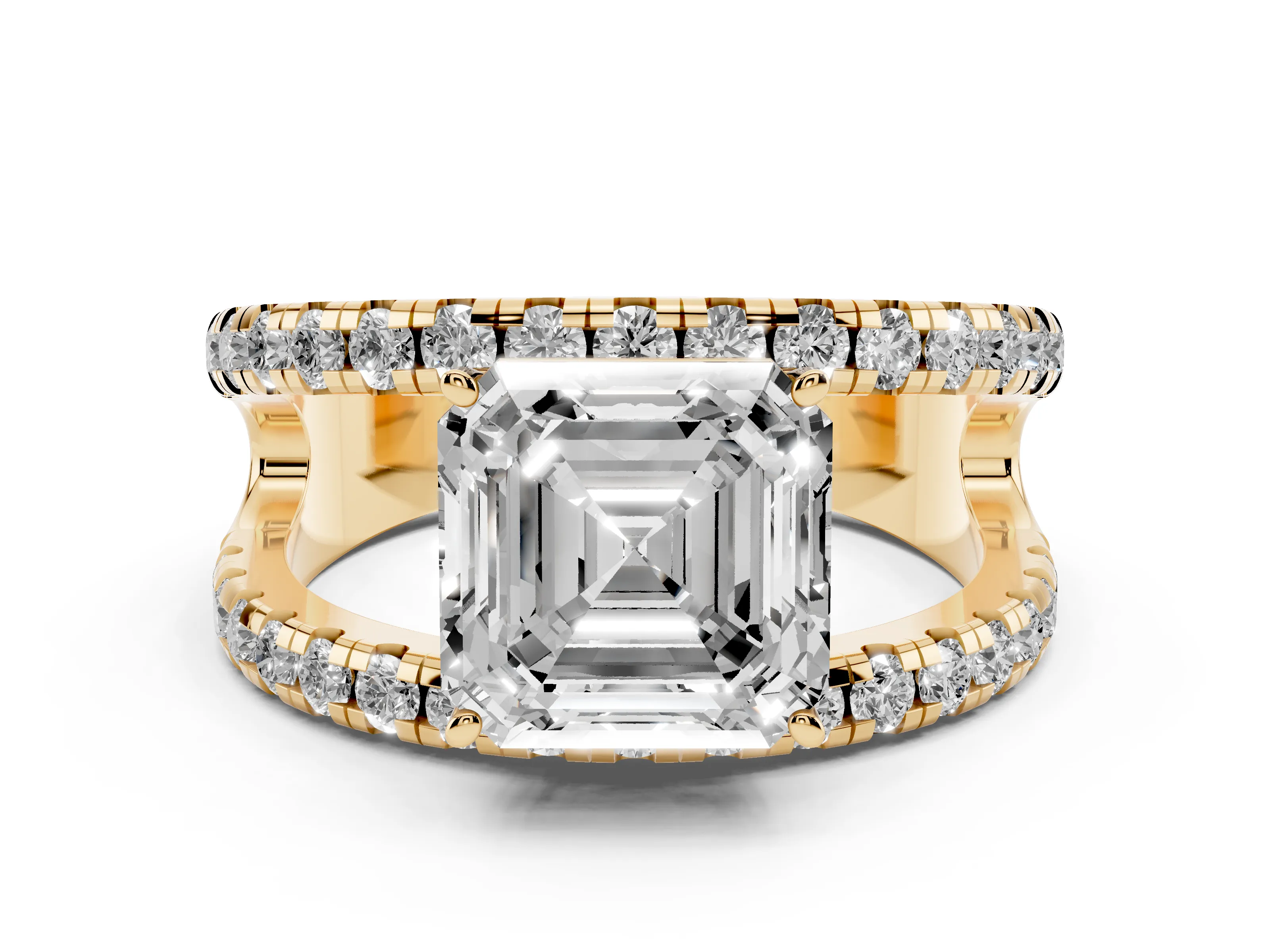 Asscher Cut Diamond Split Shank Pavé Solitaire Ring Set in Yellow gold with Open Shank Design
