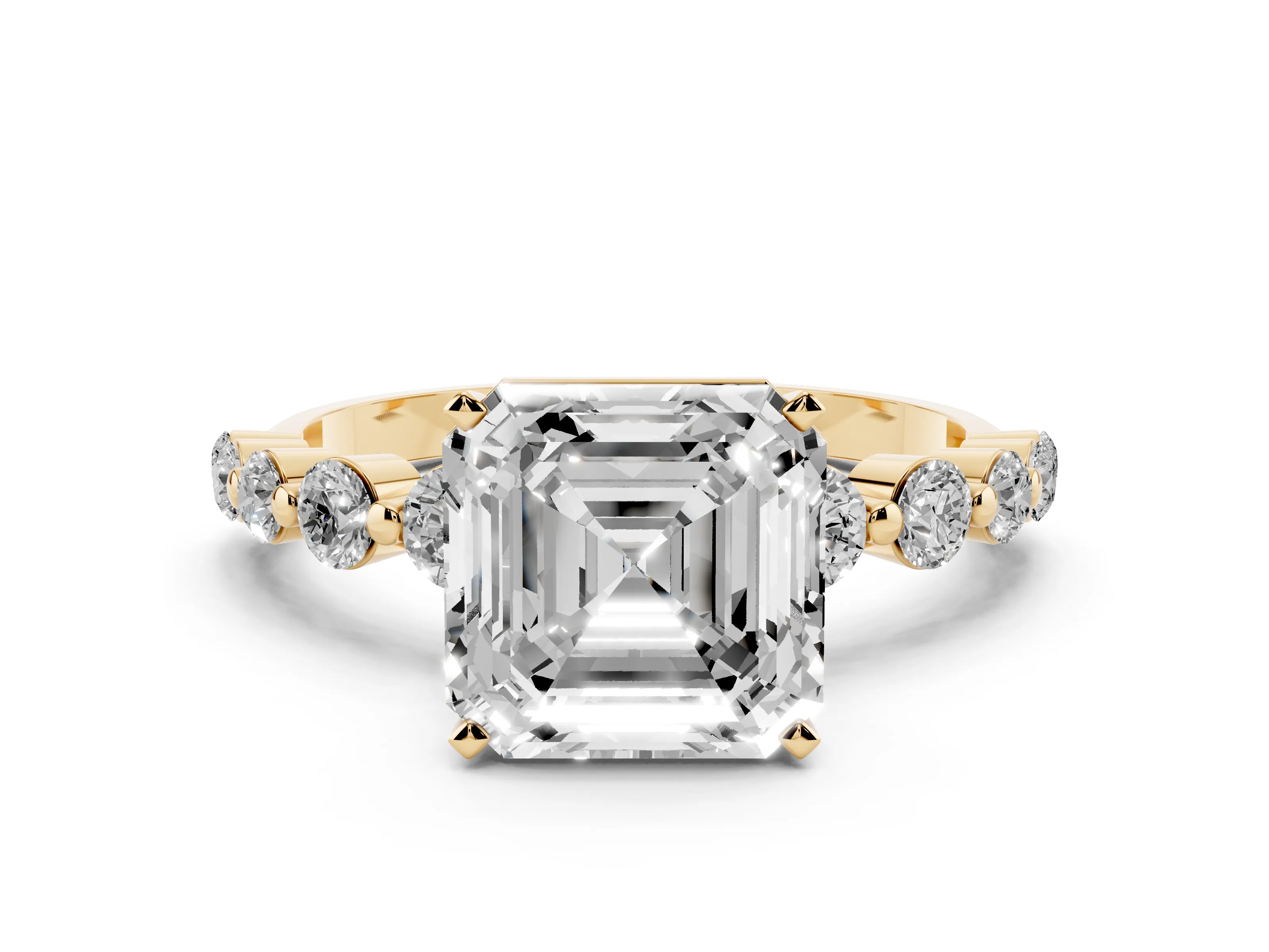 Asscher Cut Diamond Solitaire Ring Set in Yellow gold with Pavé Band and Prong Setting