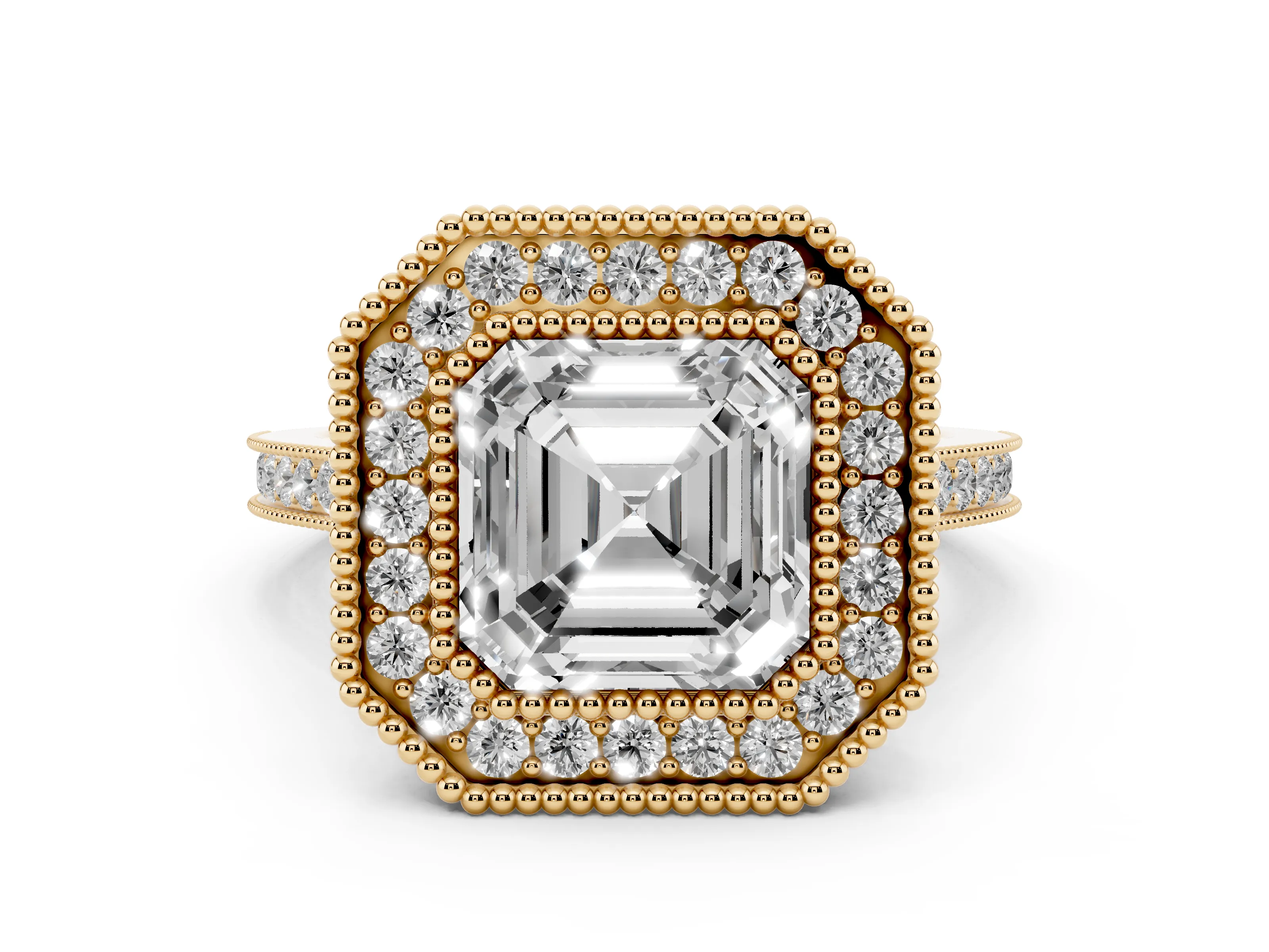 Asscher Cut Diamond Halo Ring Set in Yellow gold with Milgrain Frame and Pavé Band