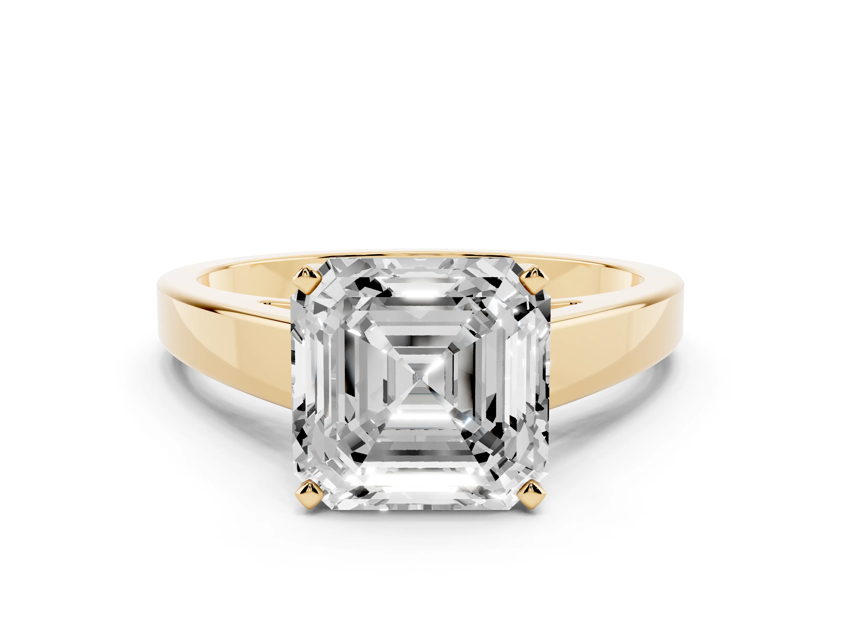 Asscher Cut Diamond Solitaire Engagement Ring Set in Yellow gold with Prong Setting and Tapered Band