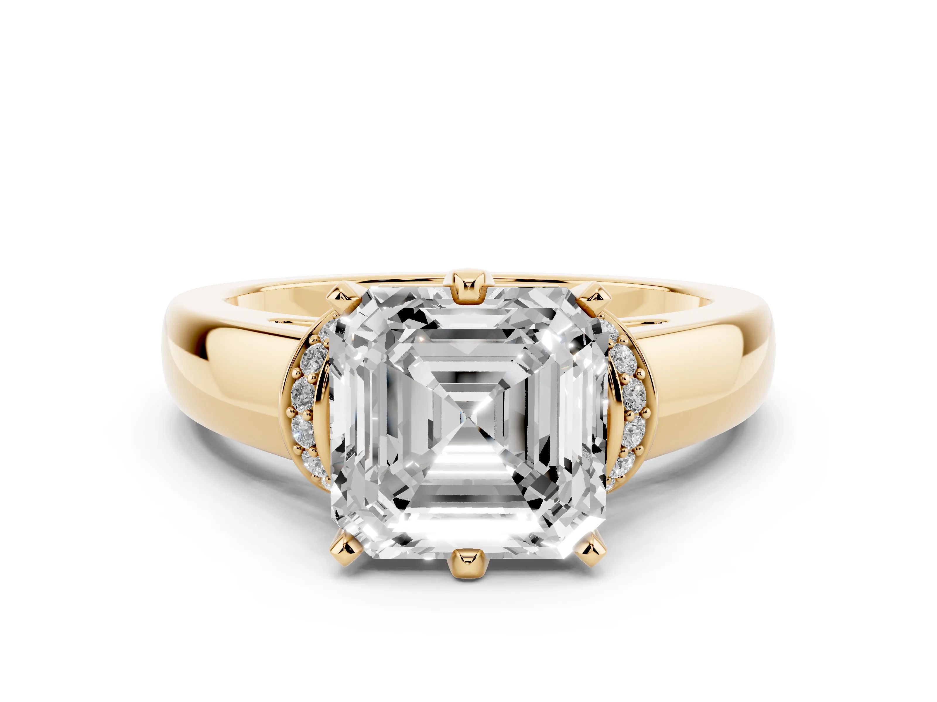 Asscher Cut Diamond Pavé Band Solitaire Ring Set in Yellow gold with Prong Setting