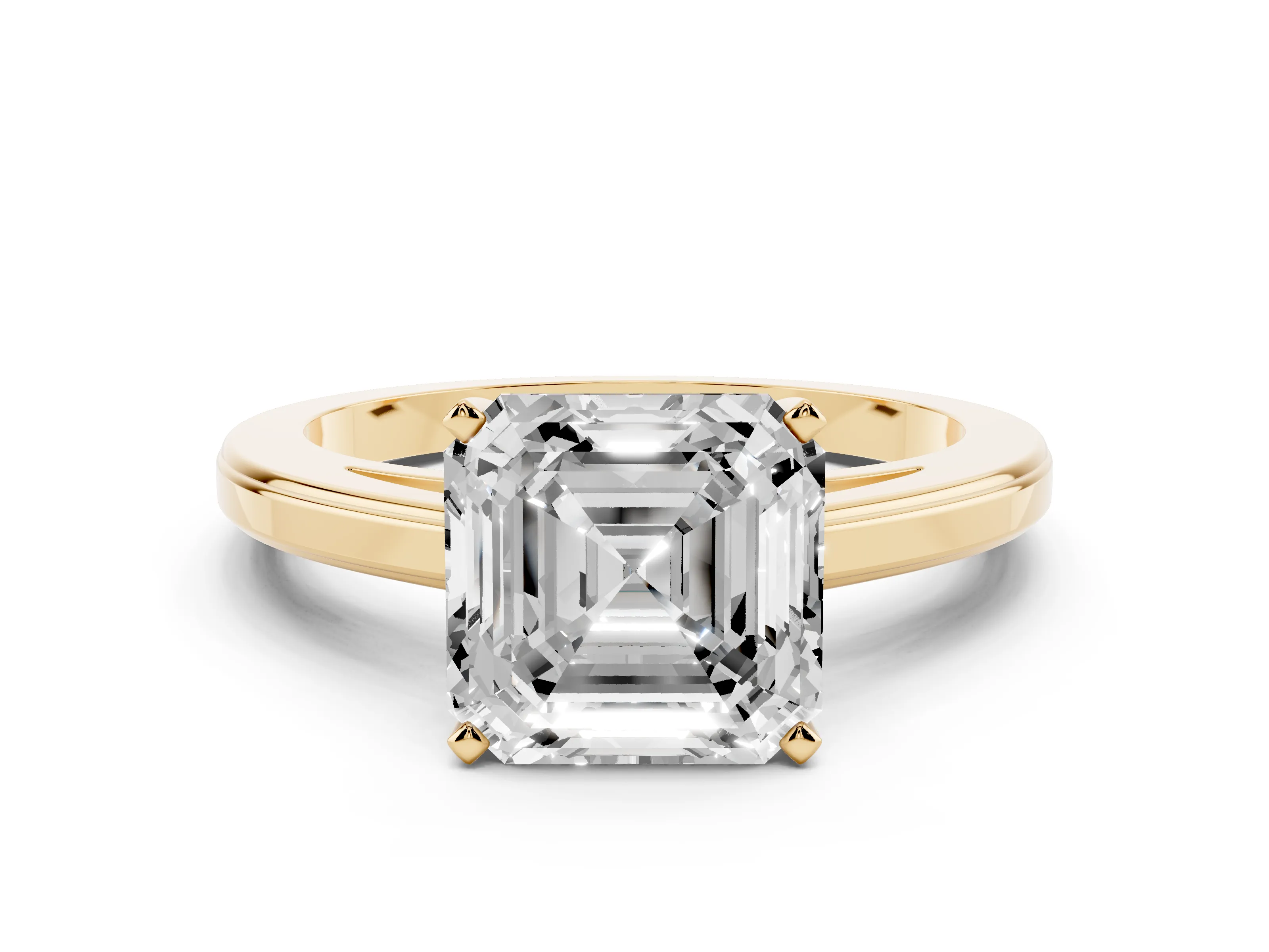 Asscher Cut Diamond Solitaire Ring Set in Yellow gold with Prong Setting and Classic Band