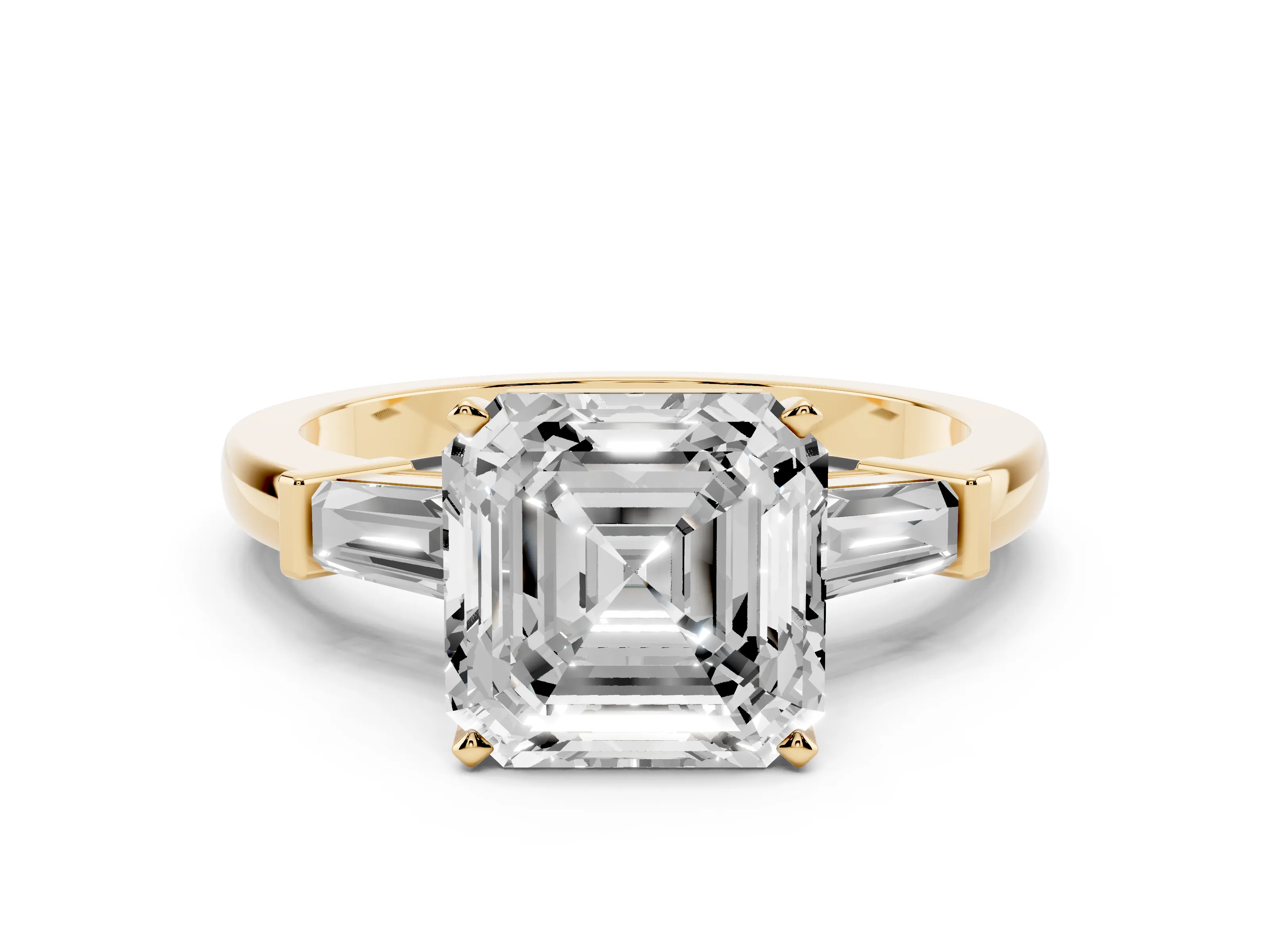 Asscher Cut Diamond Solitaire Ring Set in Yellow gold with Tapered Baguette Accents and Prong Setting