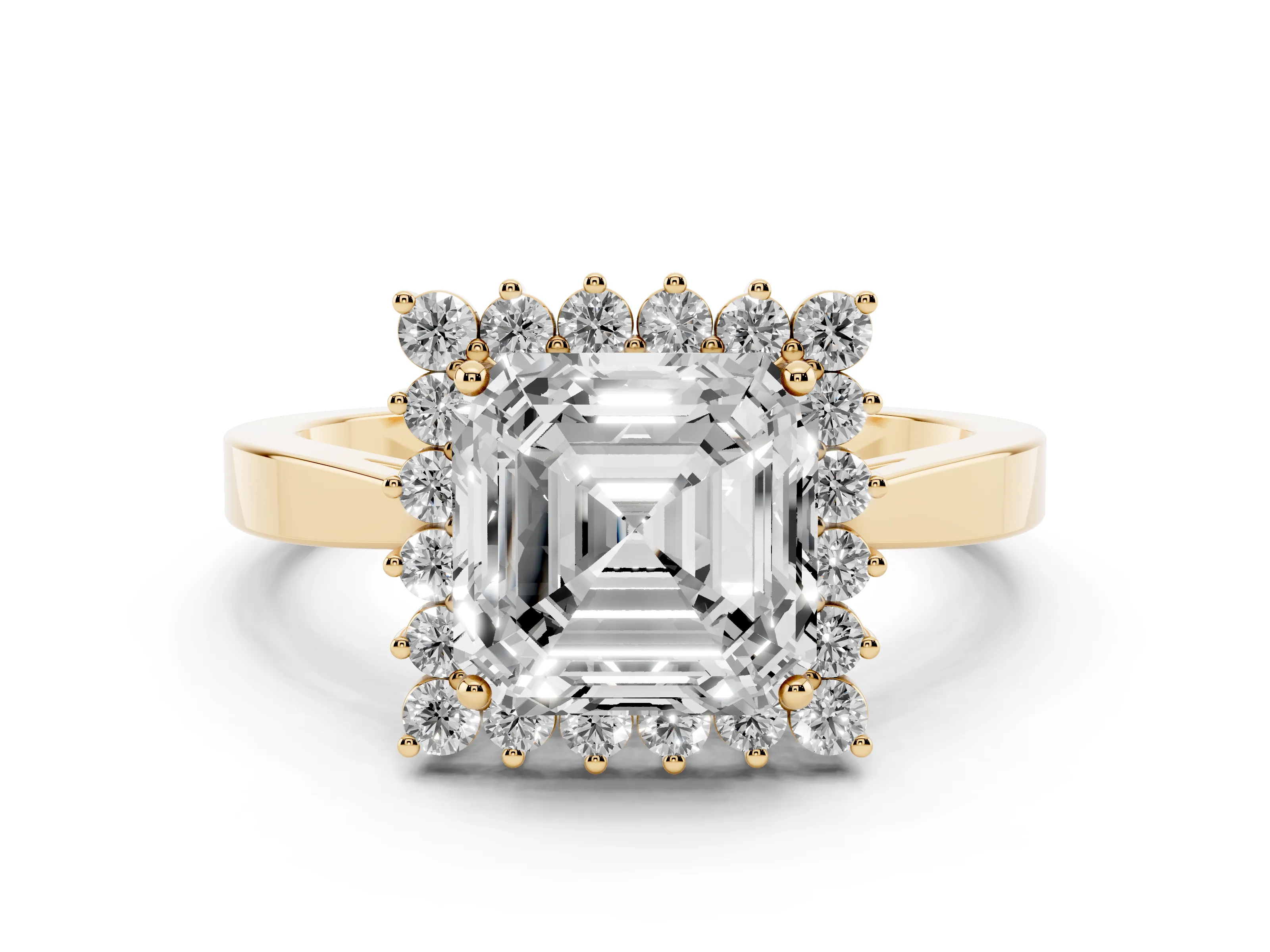 Asscher Cut Diamond Halo Ring Set in Yellow gold with Round Halo and Smooth Solitaire Band