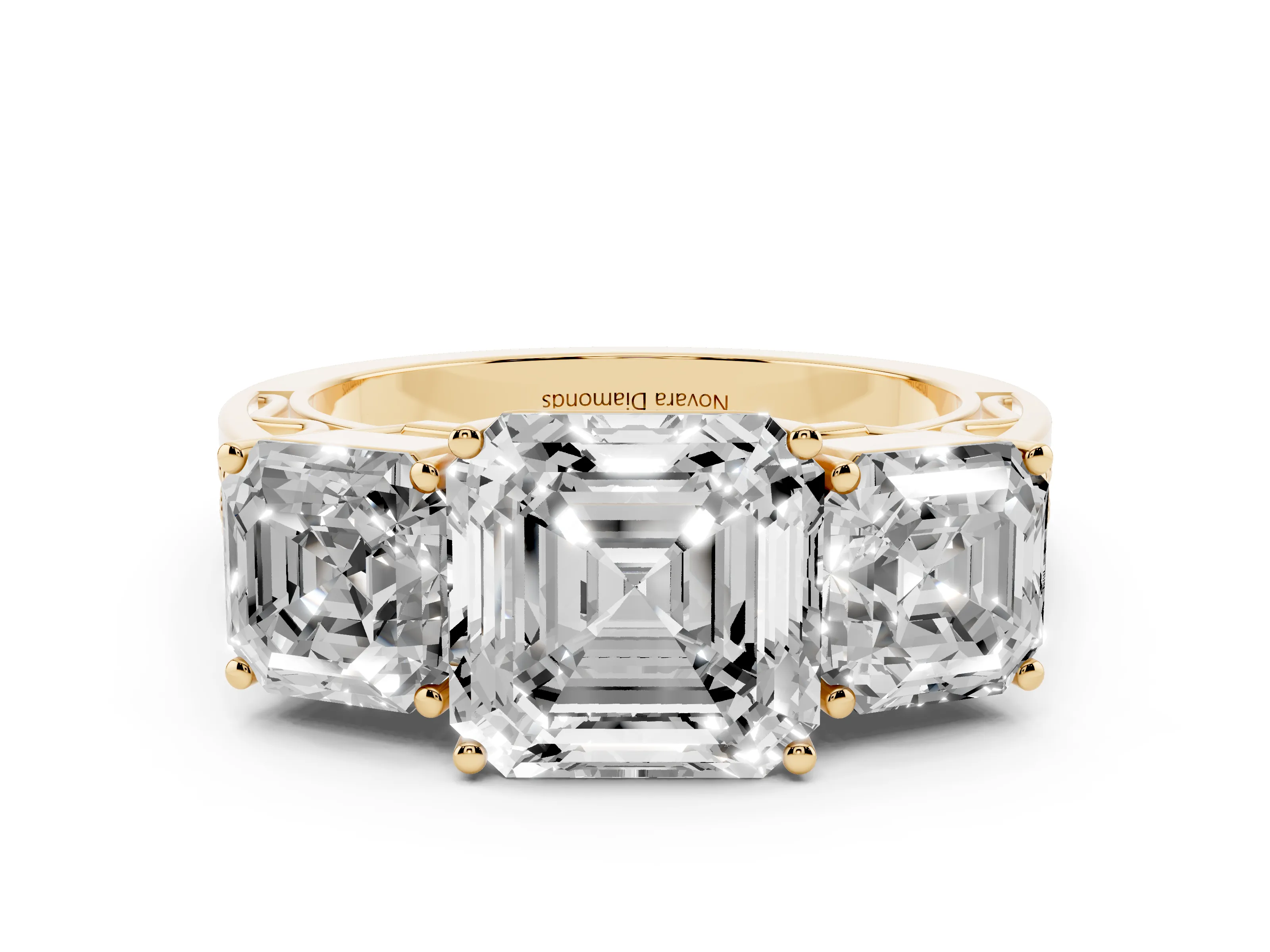 Asscher Cut Diamond Three-Stone Ring Set in Yellow gold with Textured Band