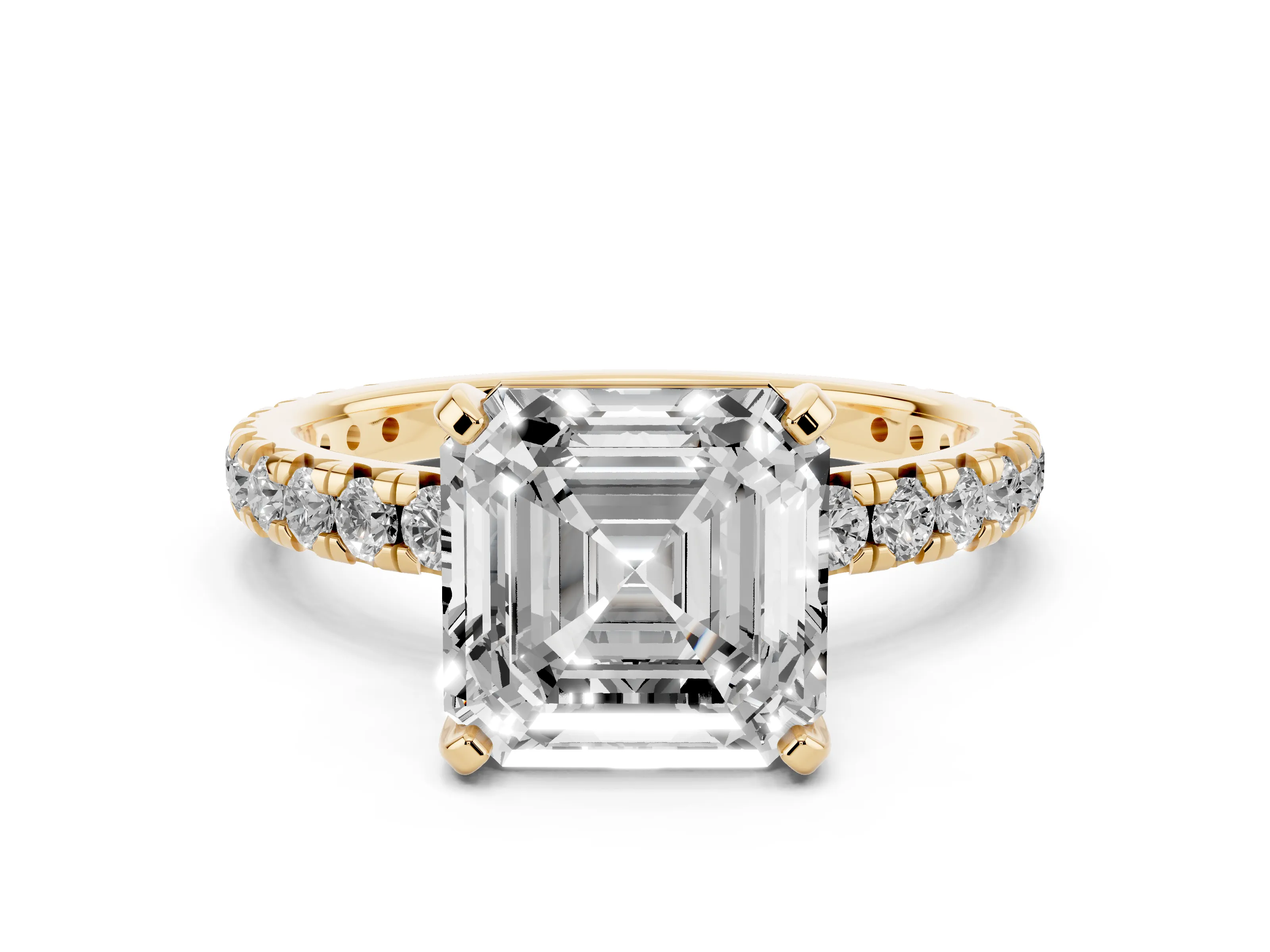 Asscher Cut Diamond Pavé Solitaire Ring Set in Yellow gold with Round Band and Prong Setting
