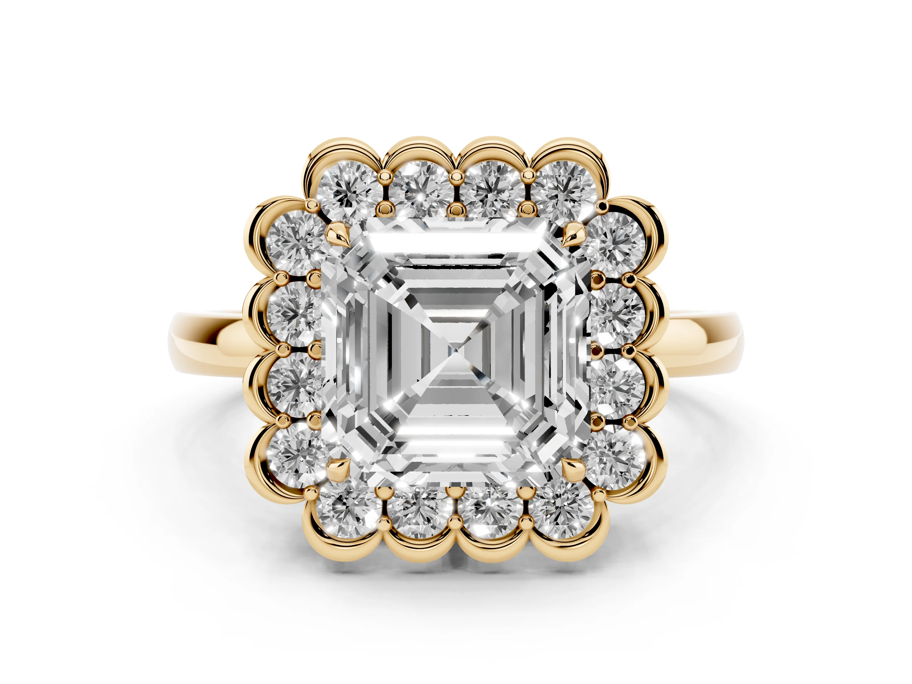 Asscher Cut Diamond Halo Cluster Engagement Ring Set in Yellow gold with Solitaire Band and Prong Setting