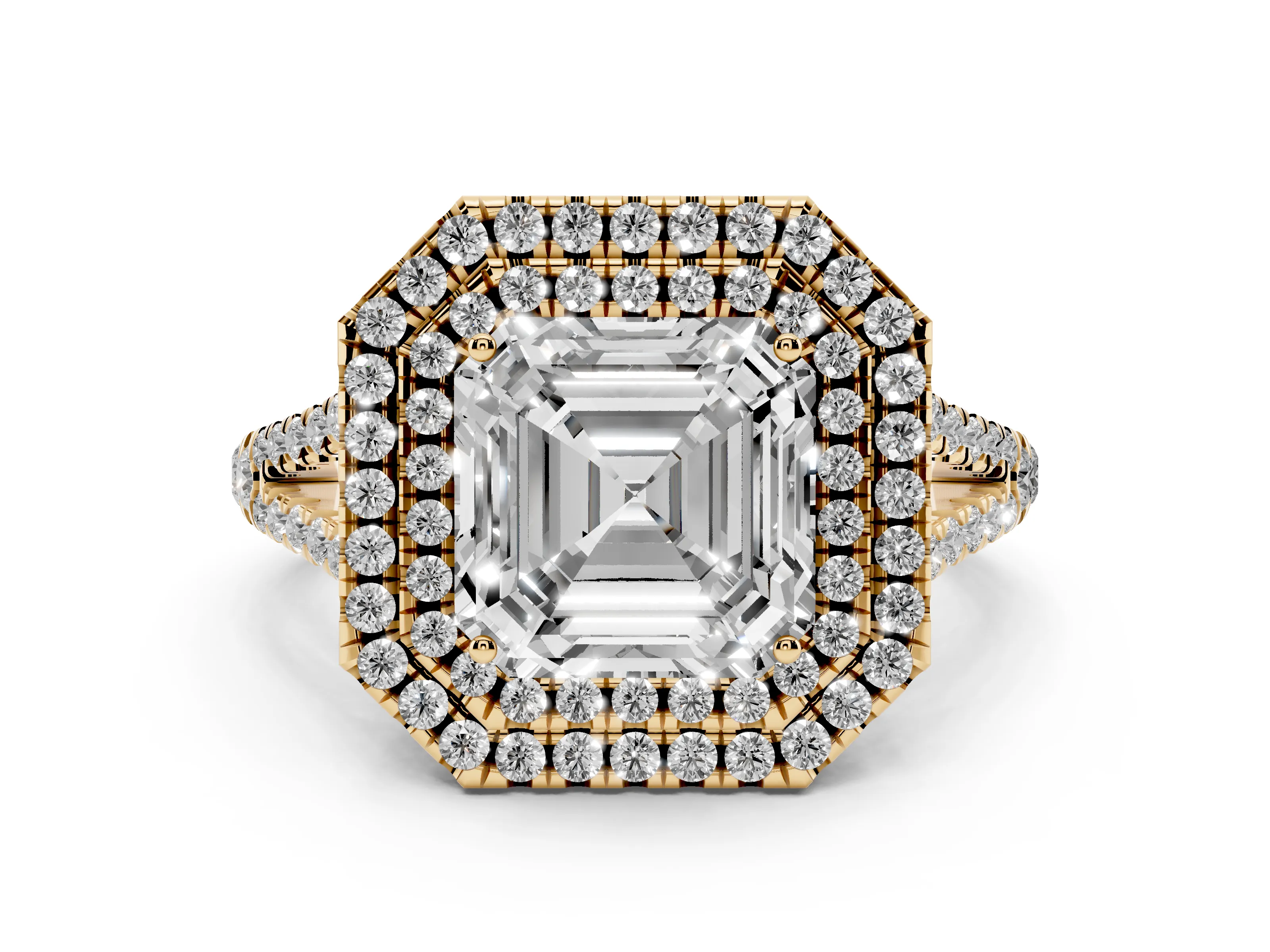 Asscher Cut Diamond Double Halo Ring Set in Yellow gold with Pavé Band