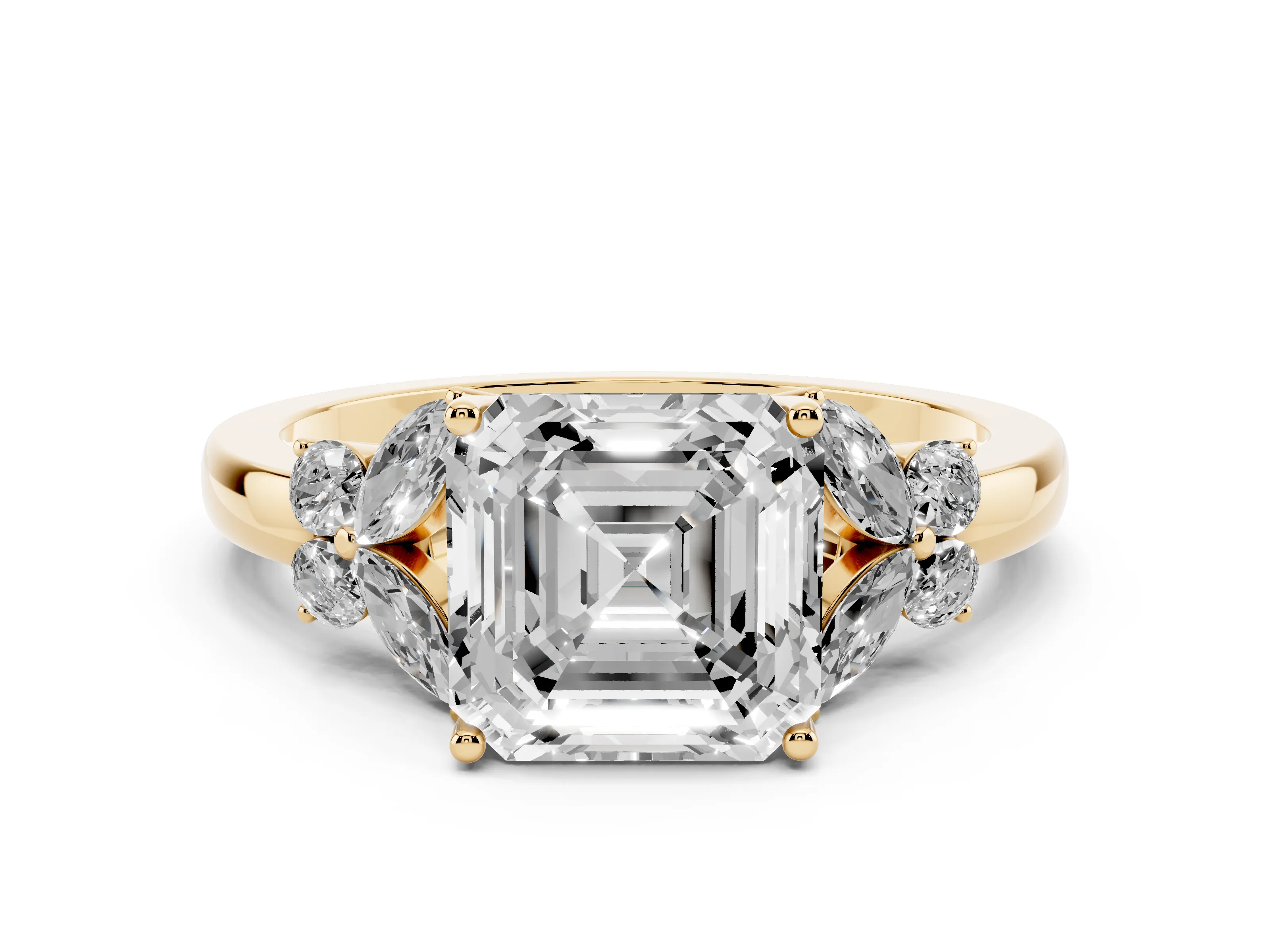 Asscher Cut Diamond Solitaire Floral Ring Set in Yellow gold with Marquise Petals and Prong Setting