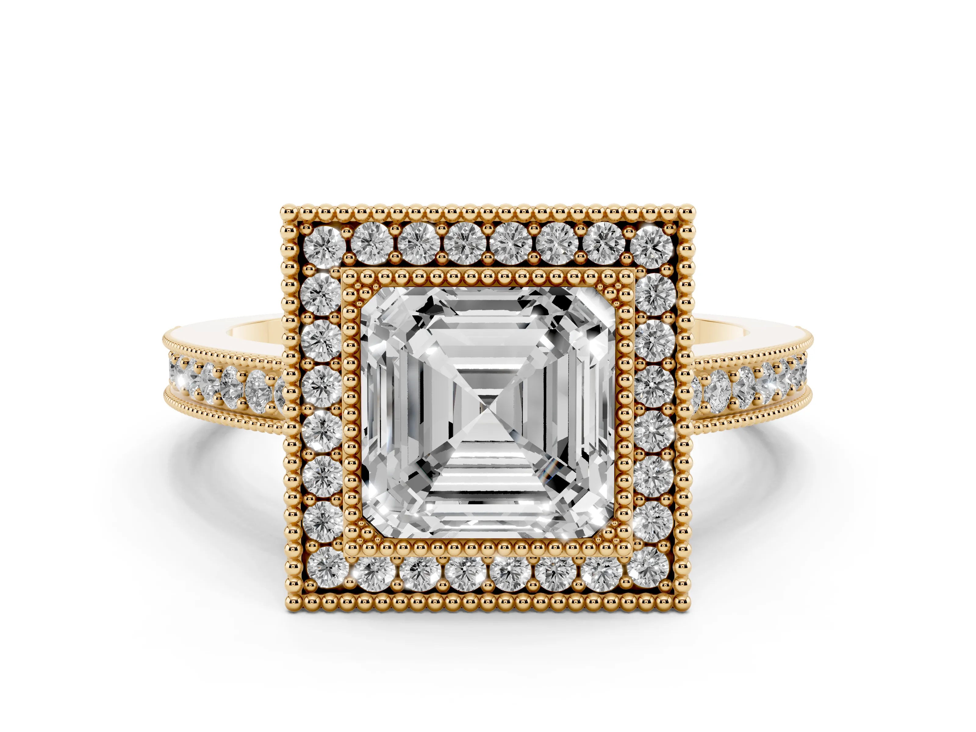 Asscher Cut Diamond Round Halo Ring Set in Yellow gold with Pavé Band