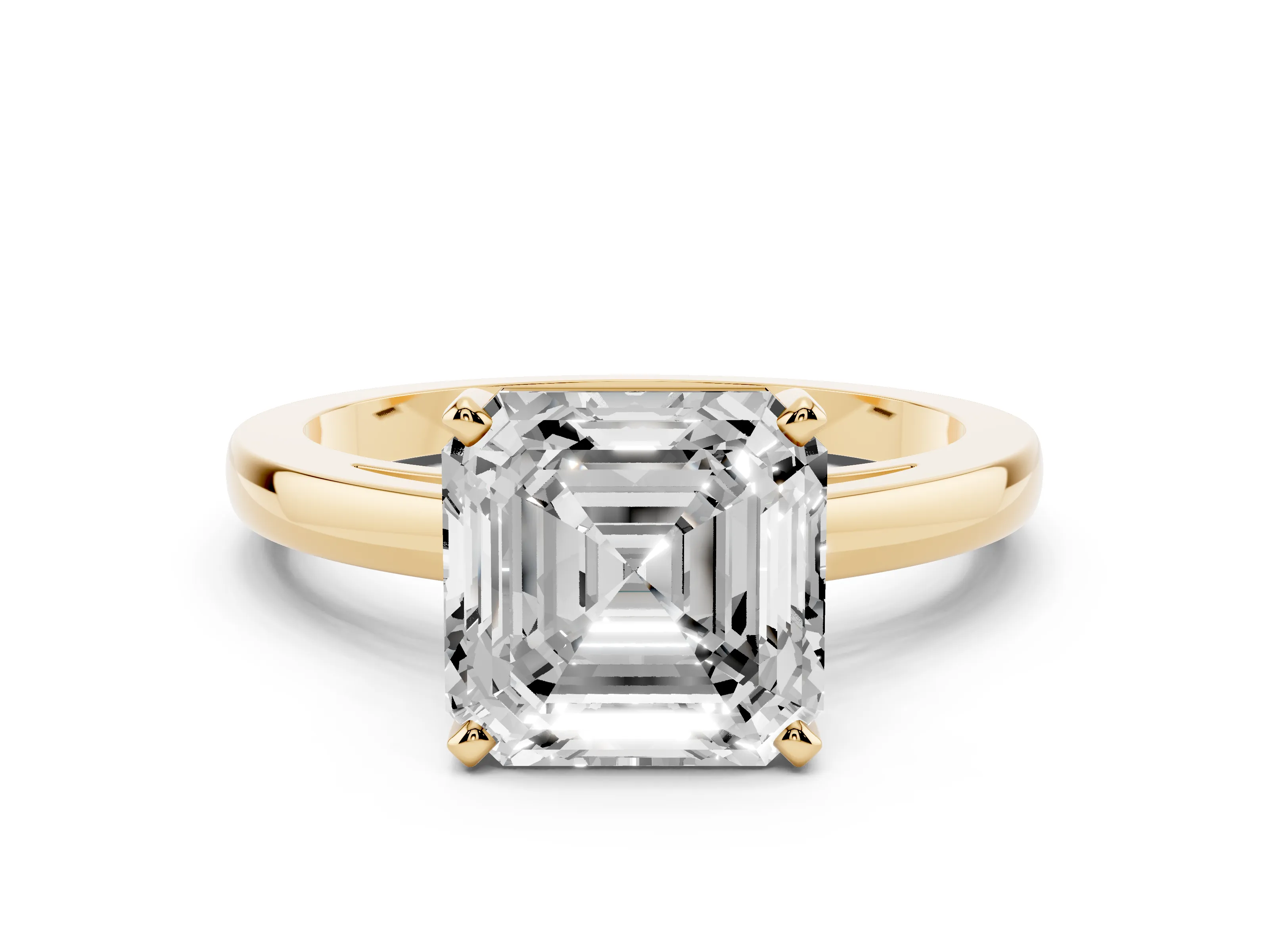 Asscher Cut Diamond Solitaire Engagement Ring Set in Yellow gold with Prong Setting on a Classic Band