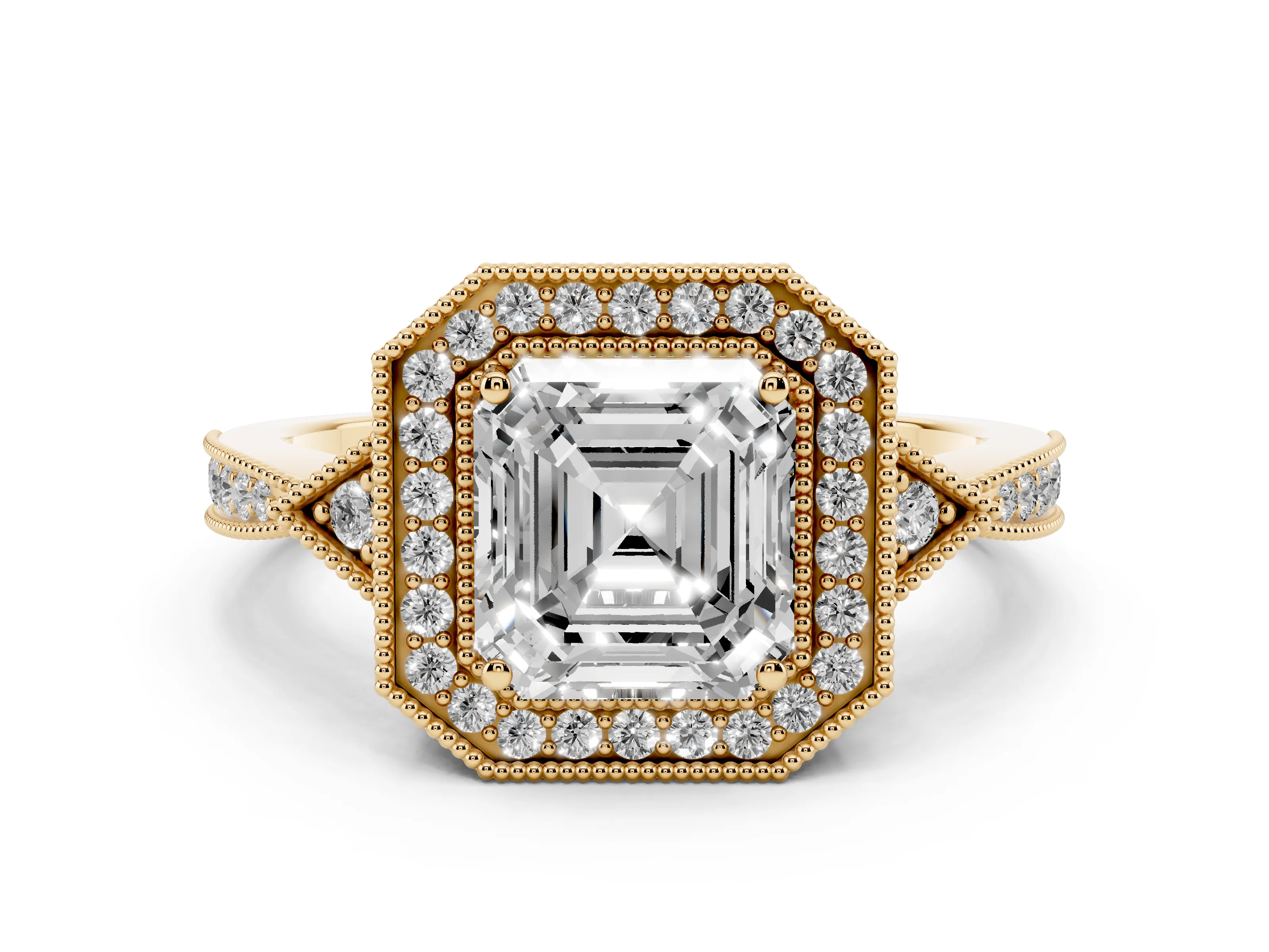 Asscher Cut Diamond Halo Engagement Ring Set in Yellow gold with Milgrain Pavé Band