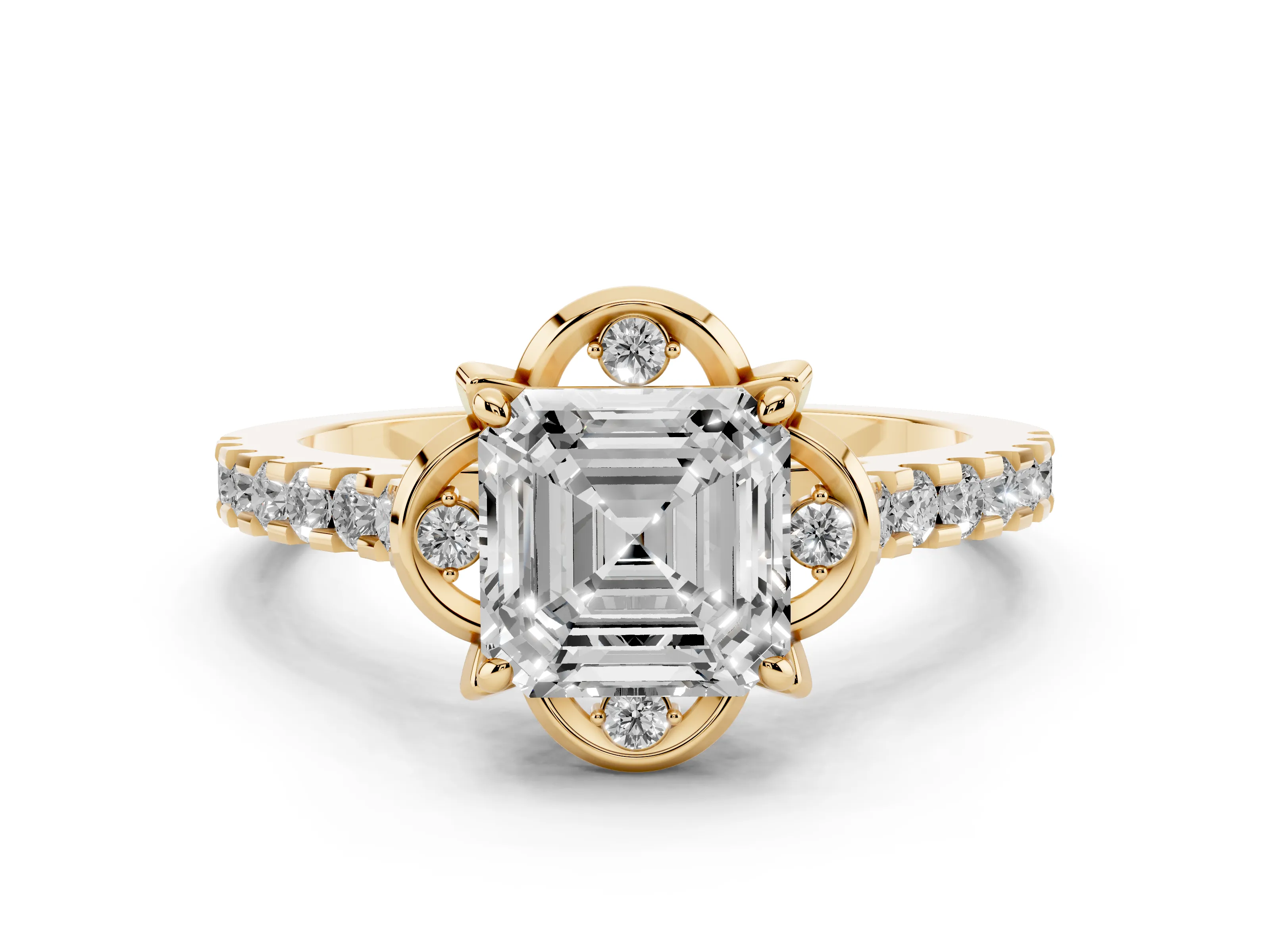 Asscher Cut Diamond Solitaire Ring Set in Yellow gold with Pavé Band and Floral Prong Setting
