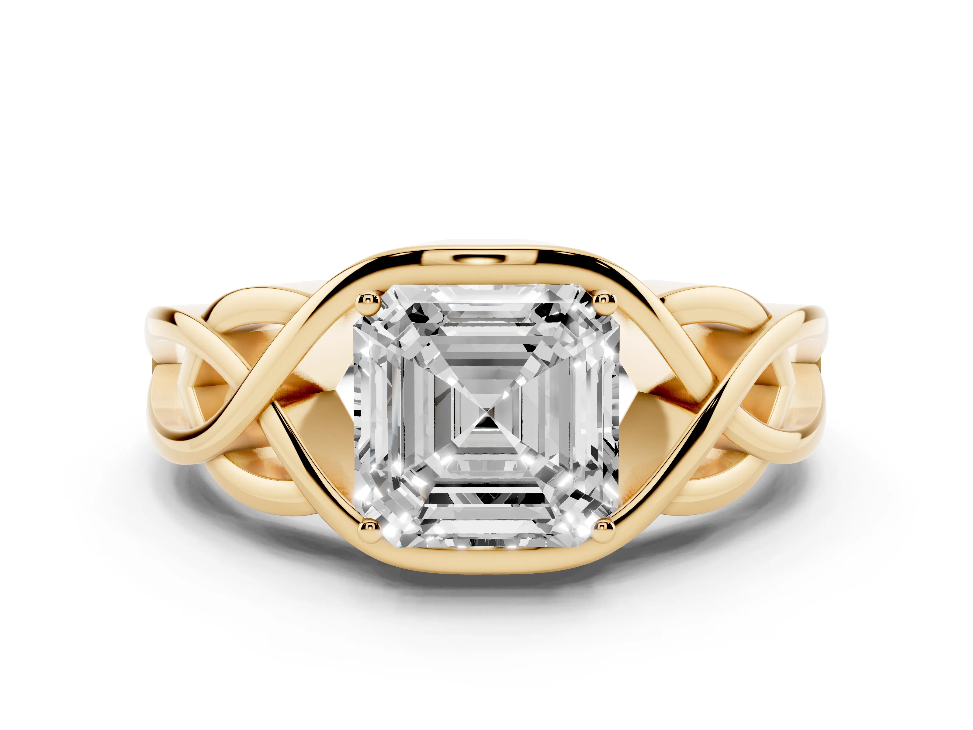 Asscher Cut Diamond Solitaire Ring Set in Yellow gold with Intertwined Band