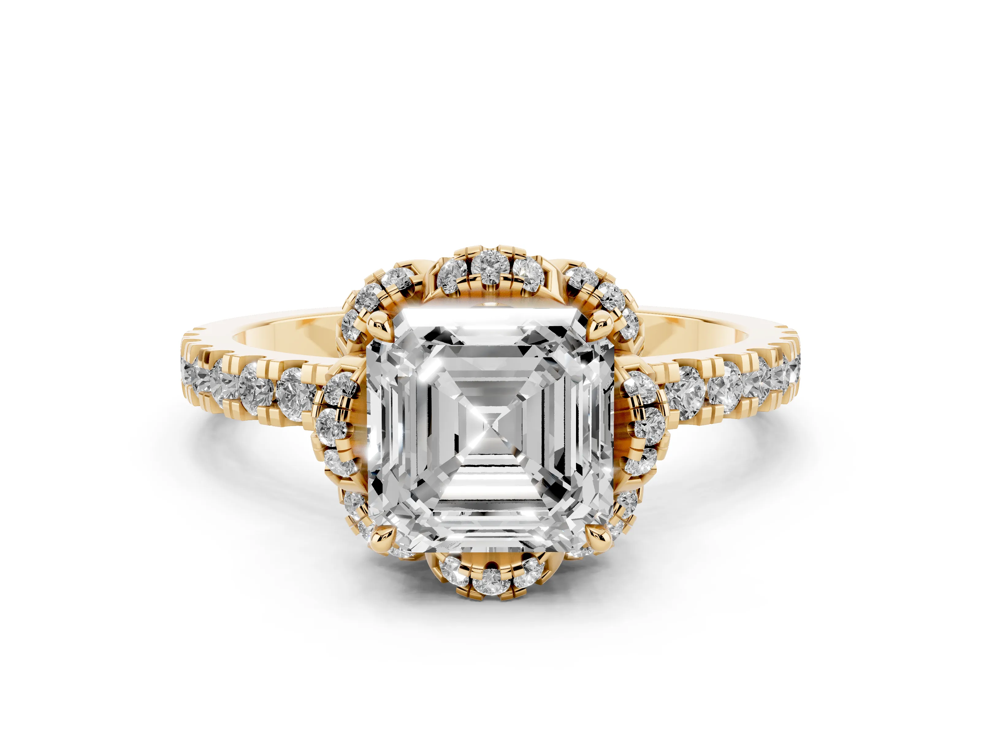 Asscher Cut Diamond Halo Pavé Band Ring Set in Yellow gold with Prong-Held Center