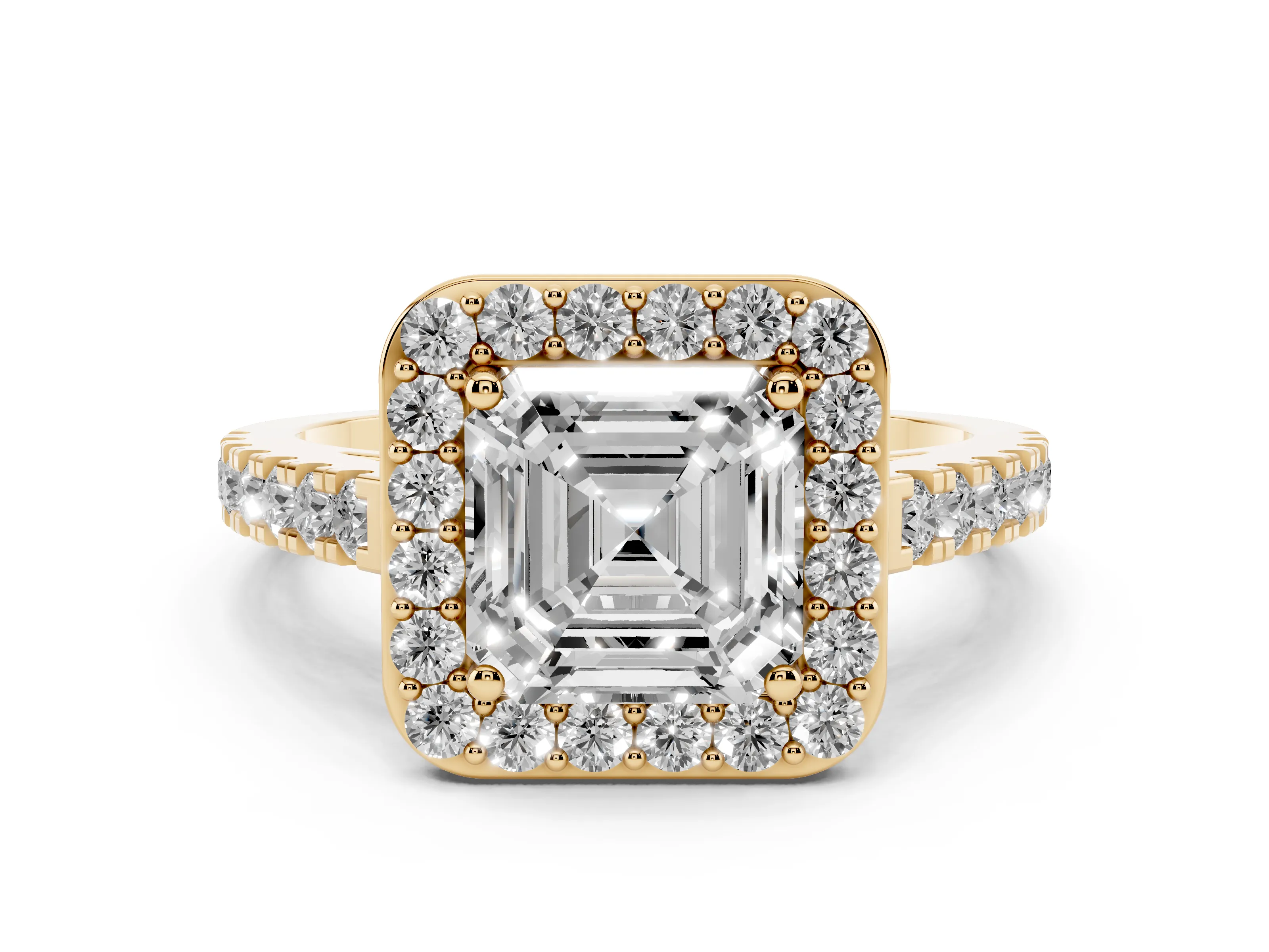 Asscher Cut Diamond Halo Ring Set in Yellow gold with Round Pavé Split Shank and Prong Setting
