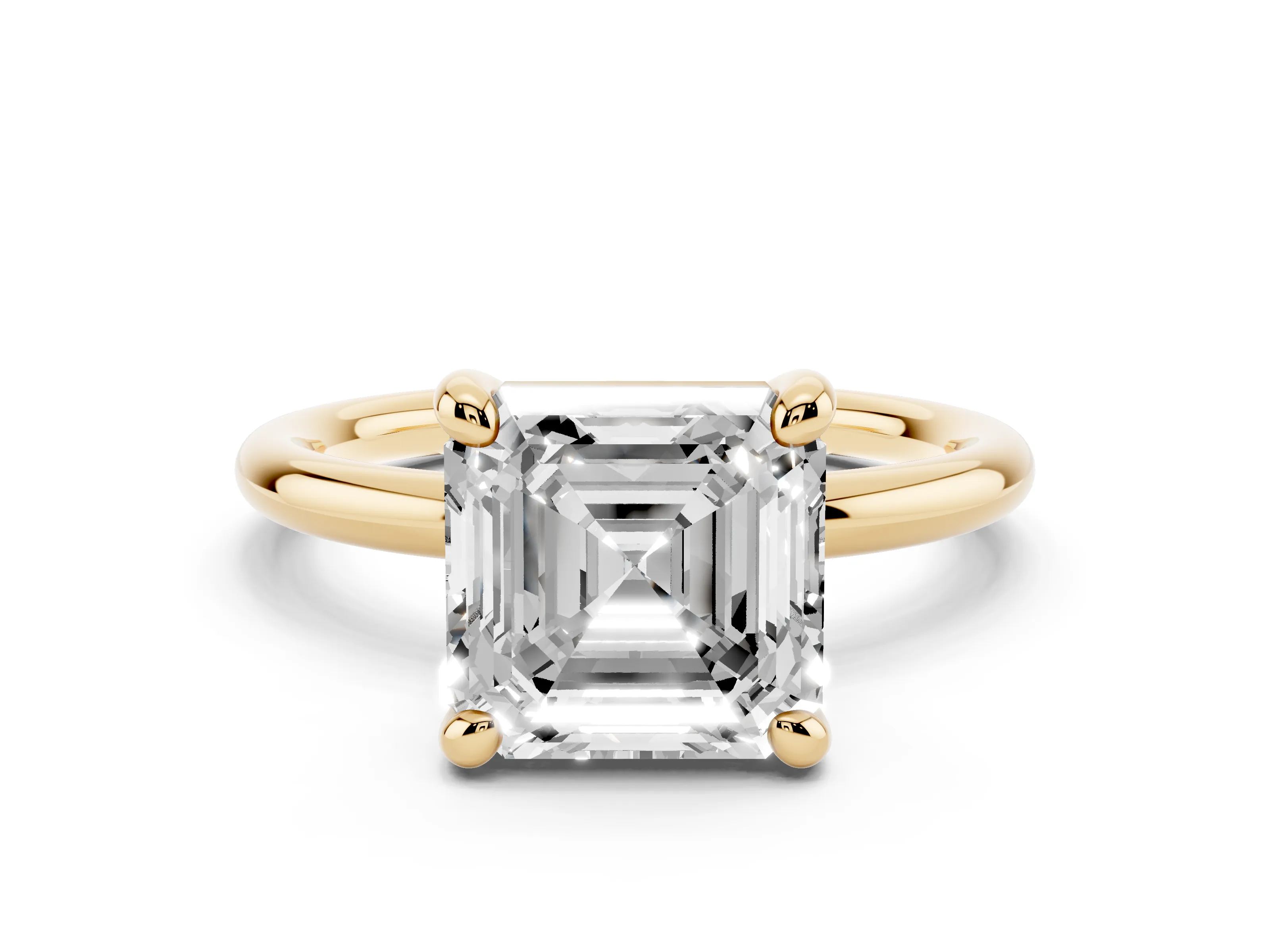 Asscher Cut Diamond Solitaire Ring Set in Yellow gold with Prong Setting on a Polished Plain Band