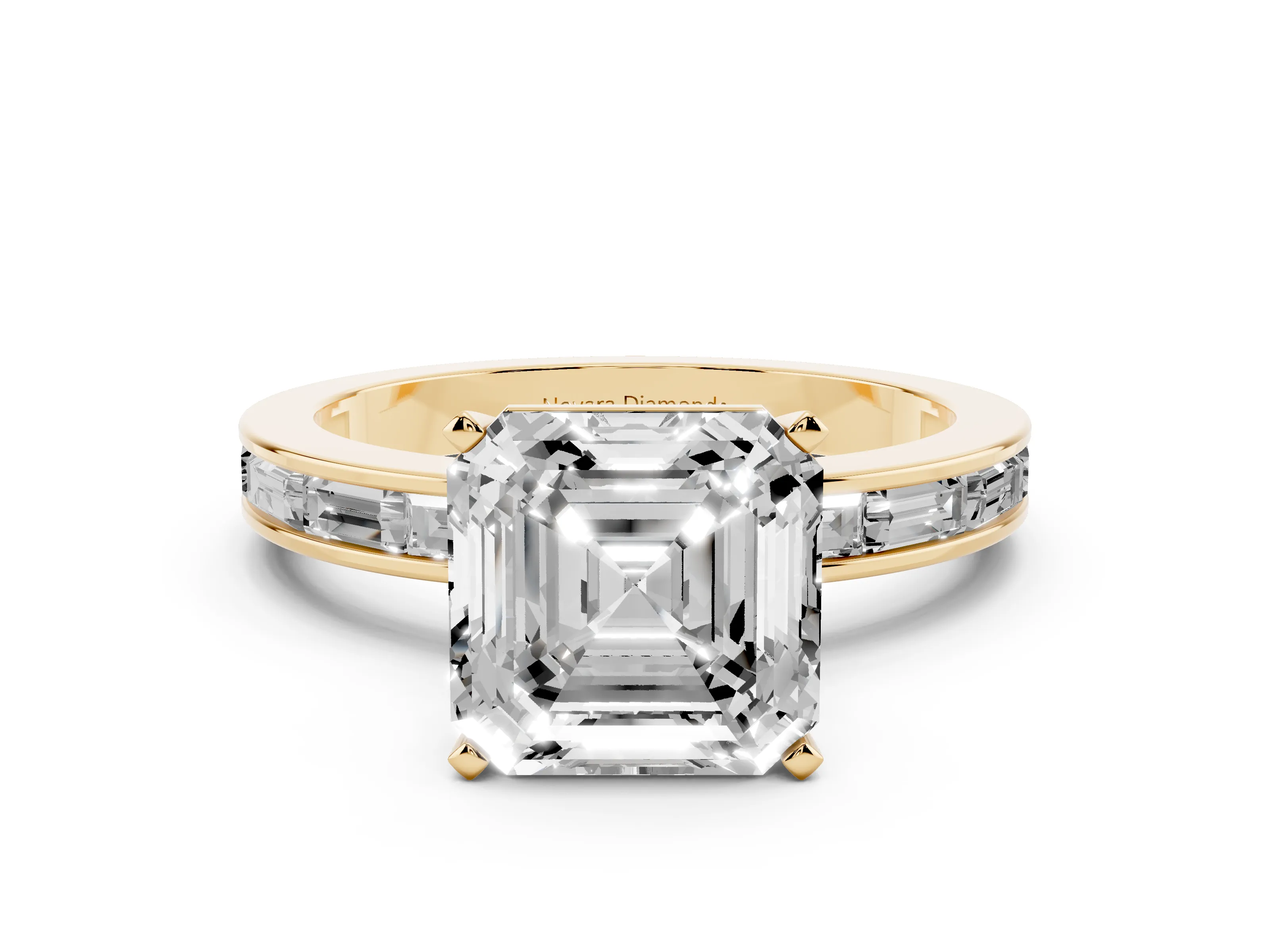 Asscher Cut Diamond Solitaire Ring Set in Yellow gold with Channel-Set Baguette Band and Prong Setting