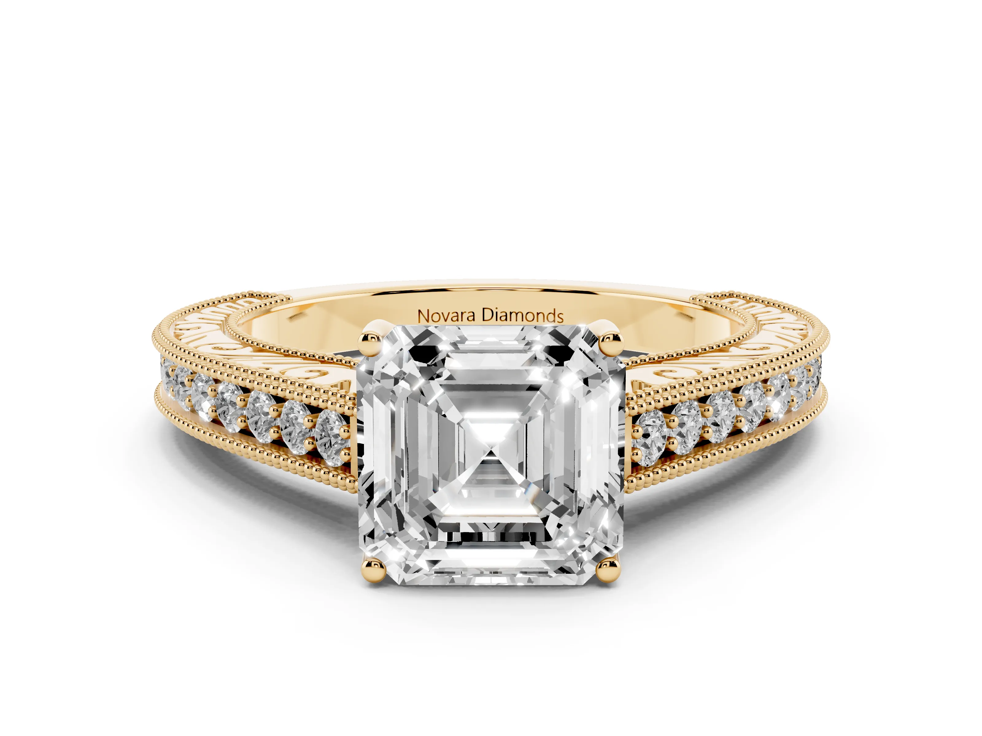 Asscher Cut Diamond Milgrain Pavé Band Solitaire Ring Set in Yellow gold with Prong Setting