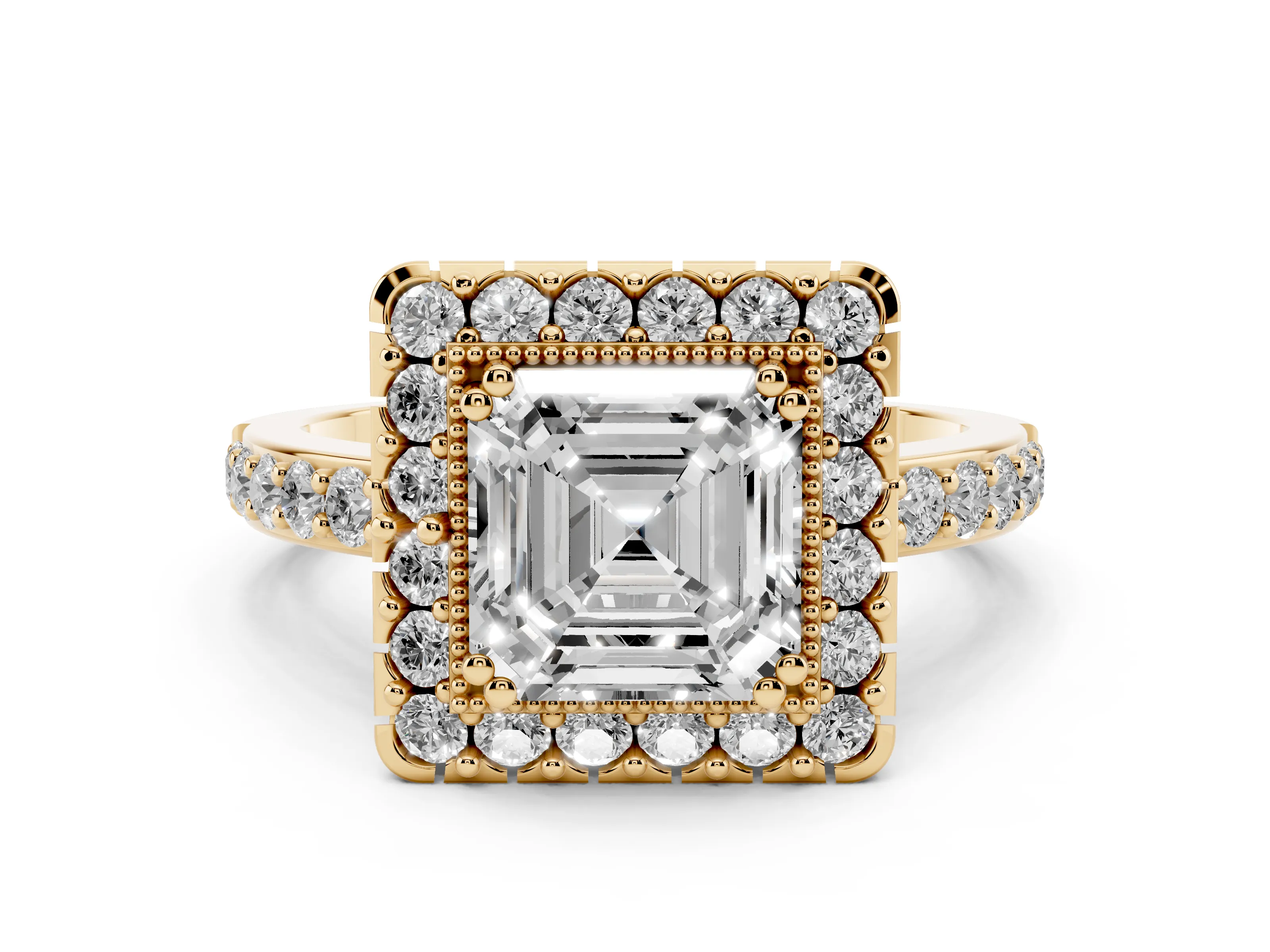 Asscher Cut Diamond Halo Ring Set in Yellow gold with Pavé Shank and Prong Setting