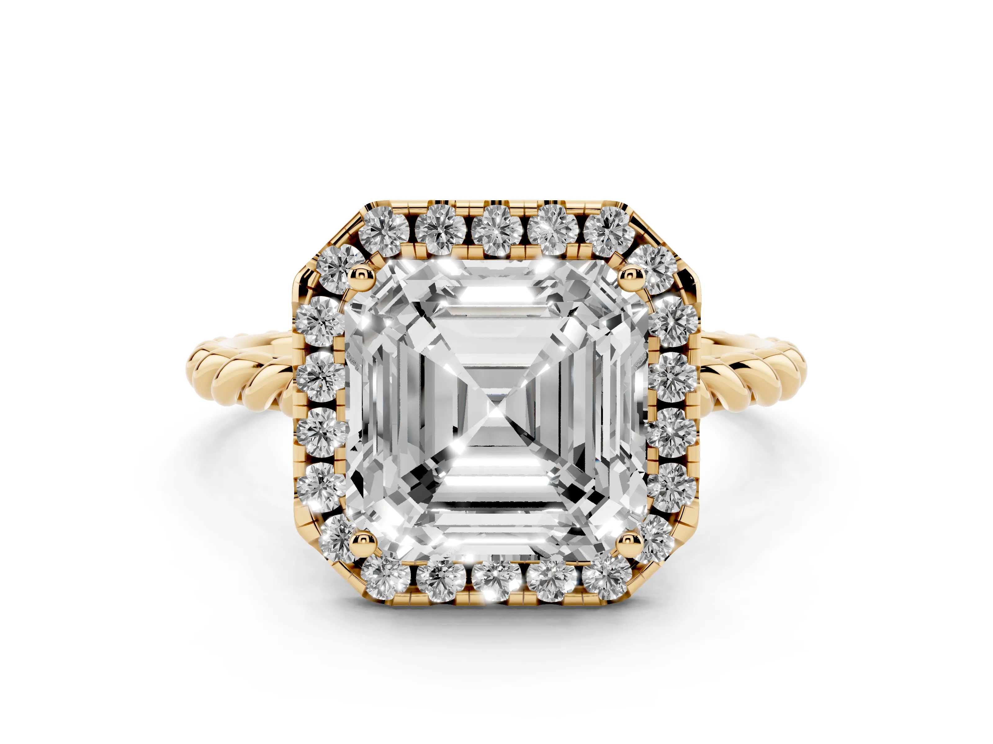 Asscher Cut Diamond Halo Ring Set in Yellow gold with Plain Twisted Band